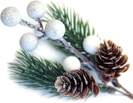 White Christmas Berries/Berry Stems w. Pine Branches &amp; Artificial Pine Cones/...