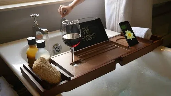 Sturdily Designed Bath Tray with Wine Glass Holder, Tablet Stand and More Suitable for Most Baths (Natural)