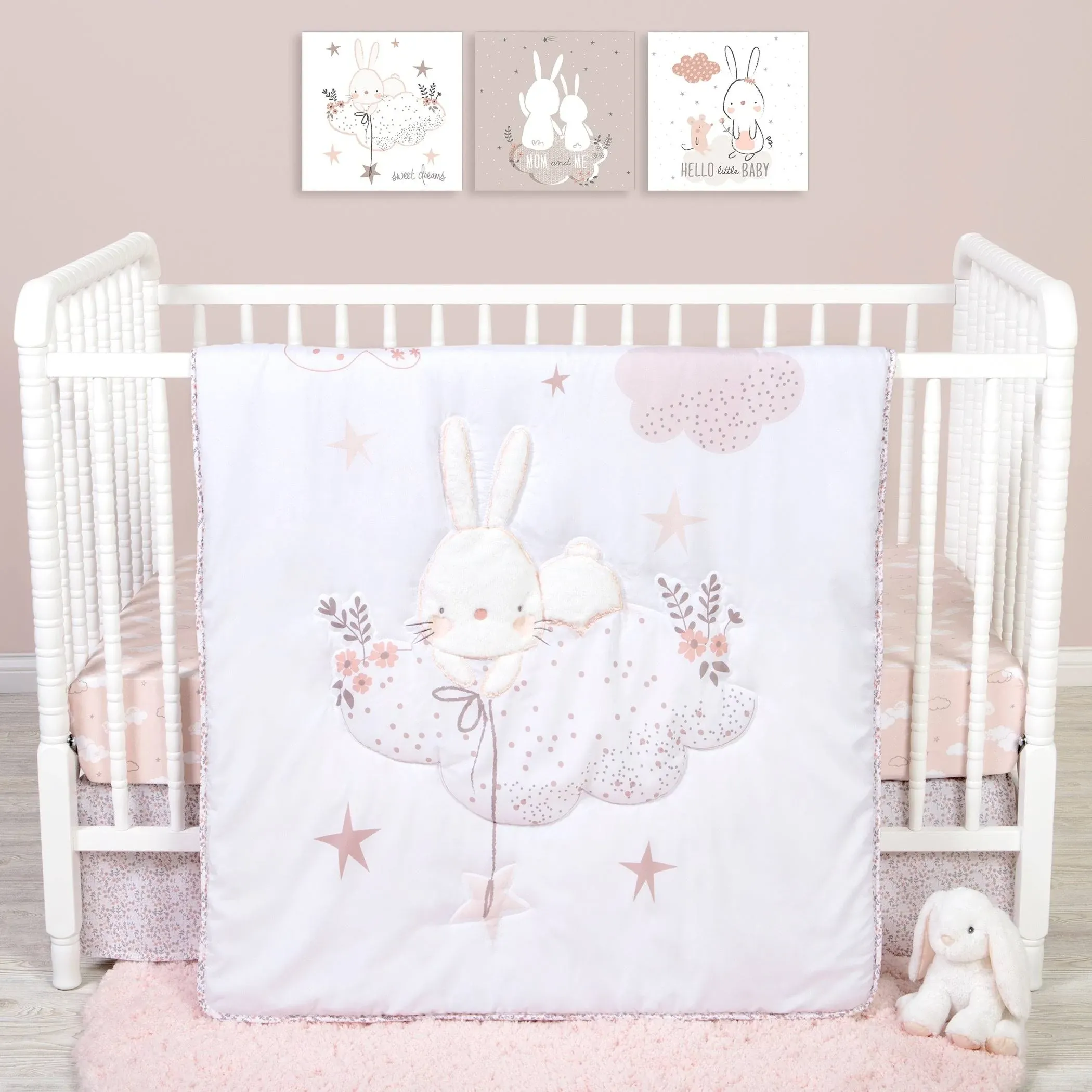 Sammy & Lou Cottontail Cloud 4-Piece Baby Nursery Crib Bedding Set for Girls, Includes Quilt, Fitted Crib Sheet, Crib Skirt, and Plush Toy