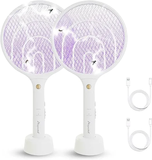 Aspectek 2 Pack Electric Fly Swatter 3000V,2 in 1 Mosquito Zapper, Rechargeable Bug Zapper Racket for Indoor and Outdoor, USB Charging Cable