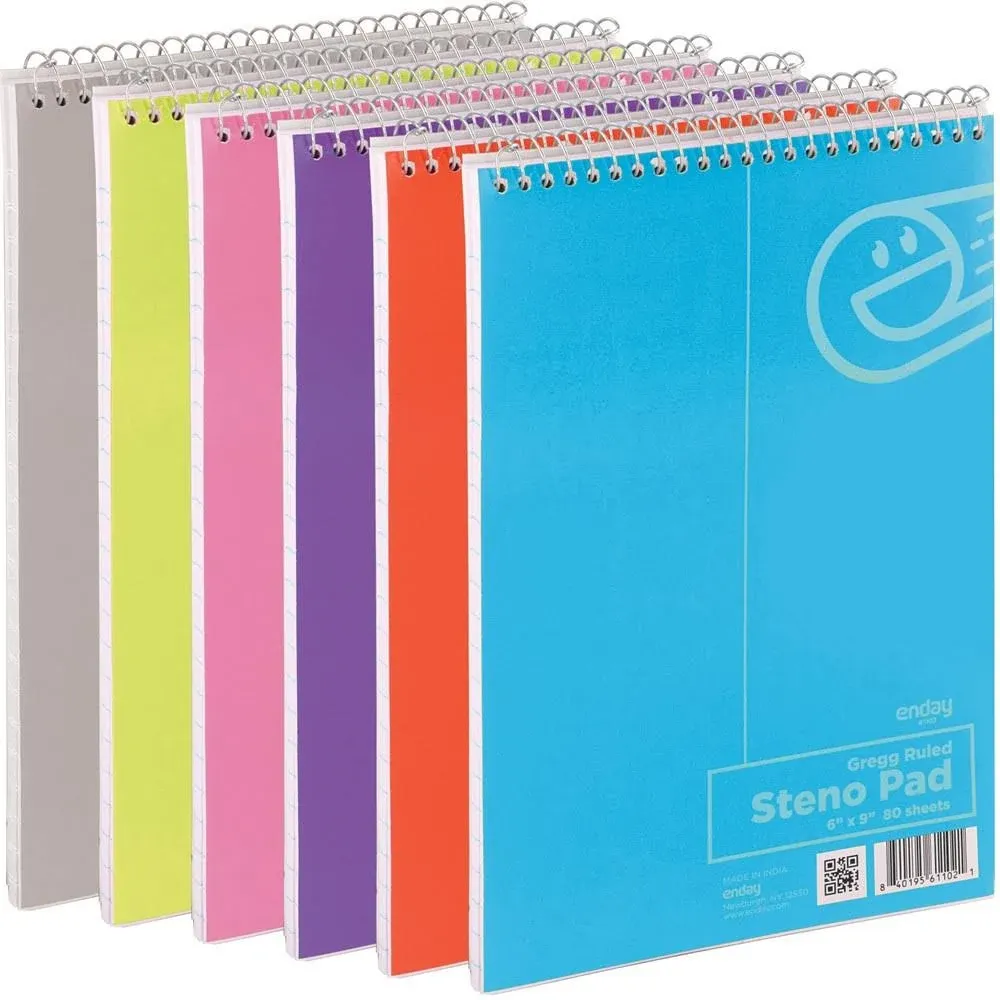 Enday Steno Pads Spiral 6 Pack, 6 x 9, 80 Sheets White Paper, 6, Assorted 