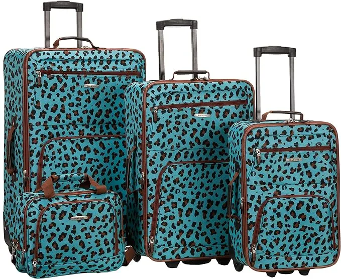 Rockland Jungle Softside Upright Luggage, Blue Leopard, 4-Piece Set (14/29/24/28)