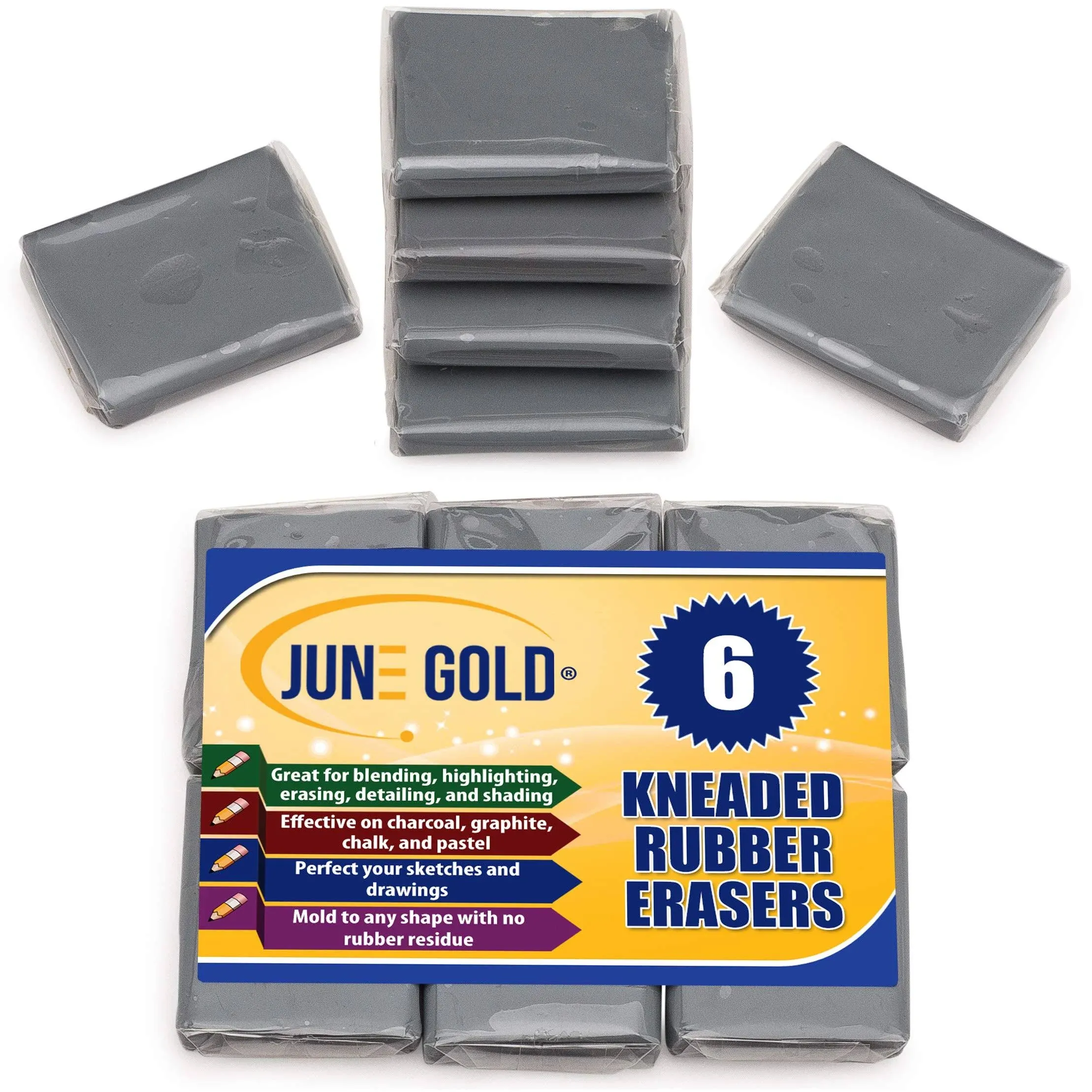 June Gold Kneaded Rubber Erasers Gray 6 Pack - Blend Shade Smooth Correct and ...