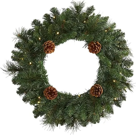 Nearly Natural 20in. Pine Artificial Christmas Wreath with 35 LED Lights and Pinecones