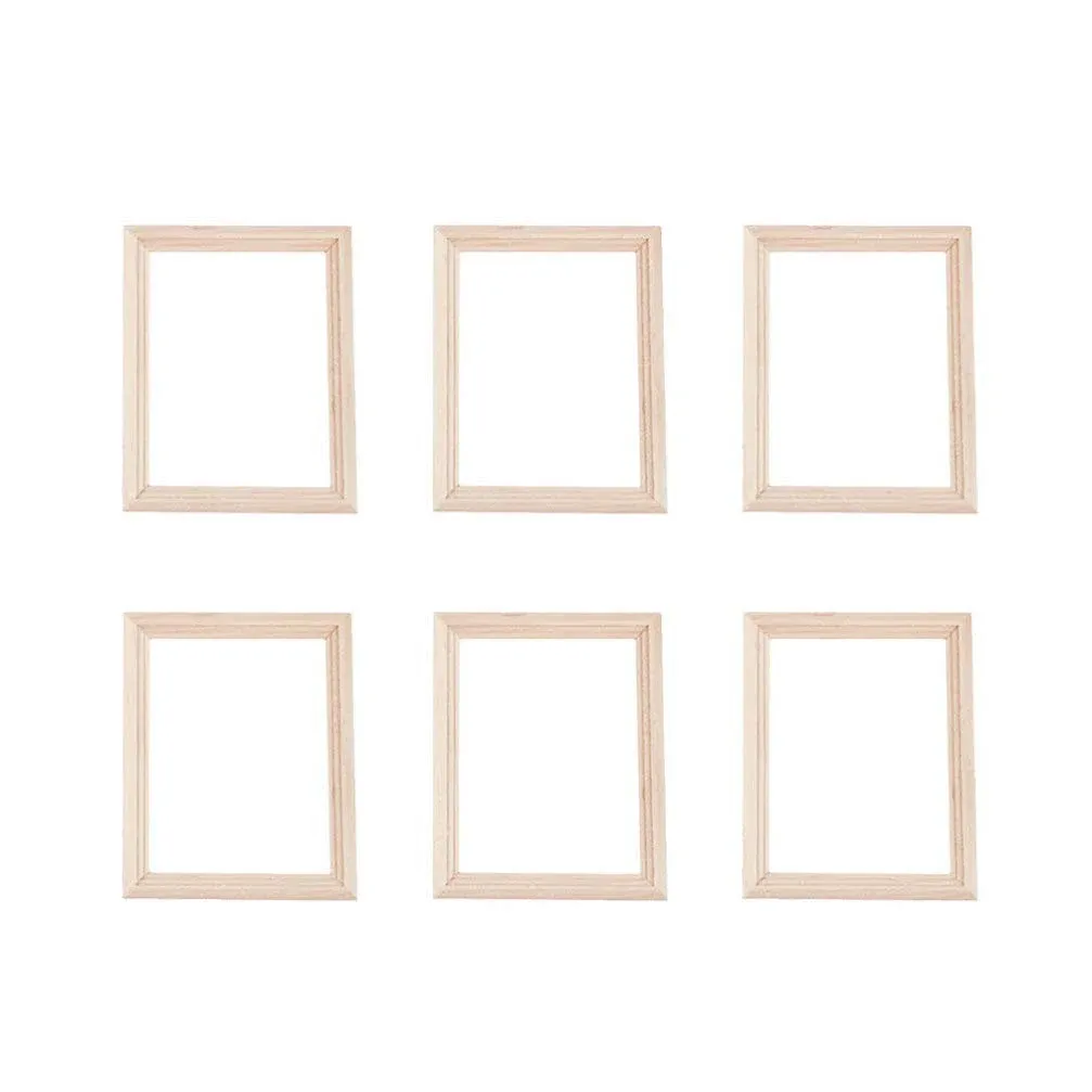 Exceart 6Pcs 1/12 Wood Dollhouse Furniture Unfinished Mini Photo Frame Artificial Miniature Scene Model DIY Wall Art Painting Toys for Nursery Room