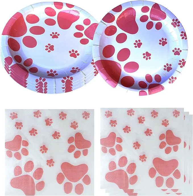 Girl Puppy Paw Prints Birthday Party Supplies, 20 Plates and 20 Napkins, Dog Paw ...