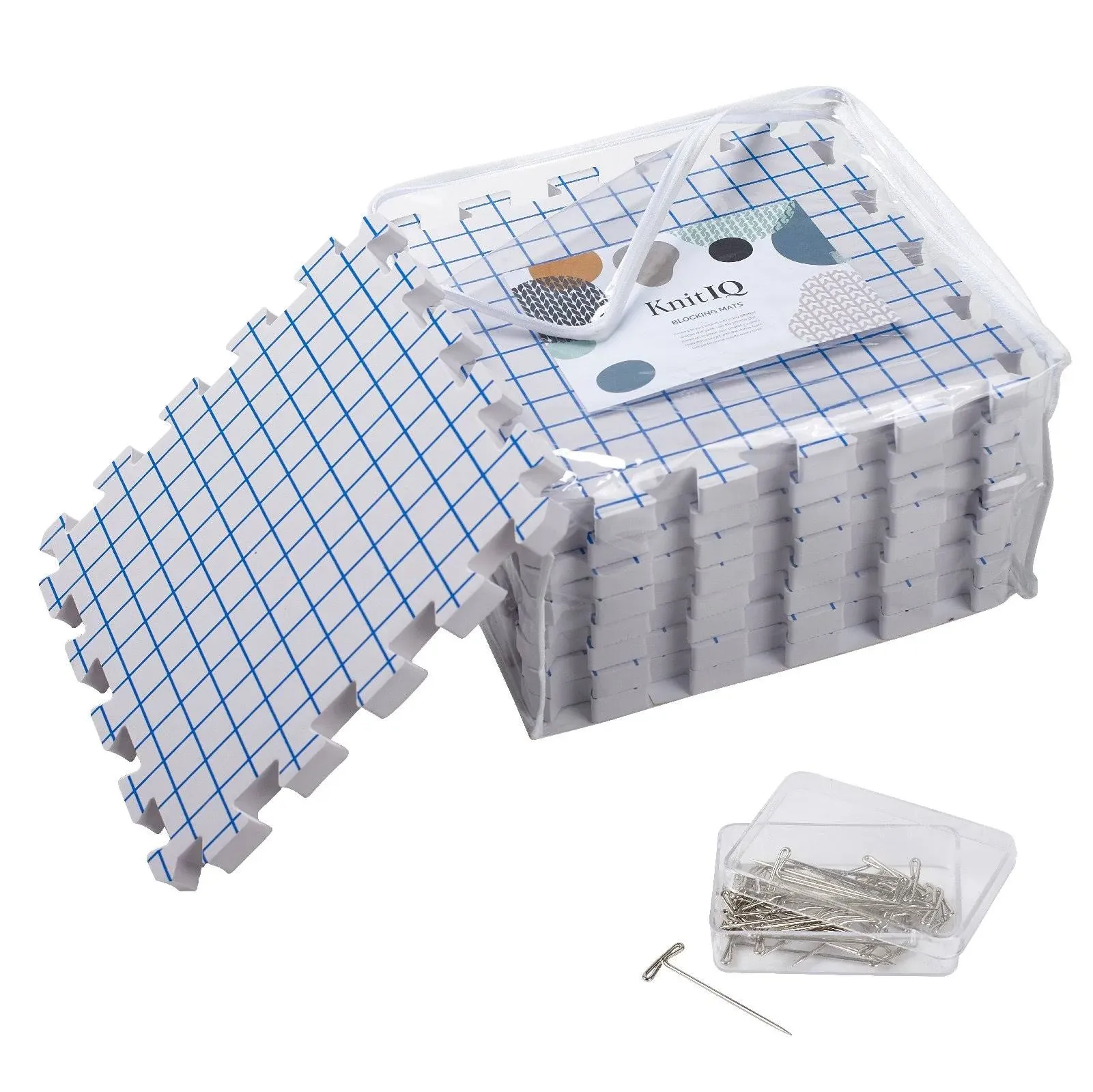 KnitIQ Blocking Mats for Knitting - Extra Thick Blocking Boards for Crochet Projects with Gridlines - 100 T-Pins and Storage Bag Included for Knitting Supplies - Standard Mat Set - Pack of 9