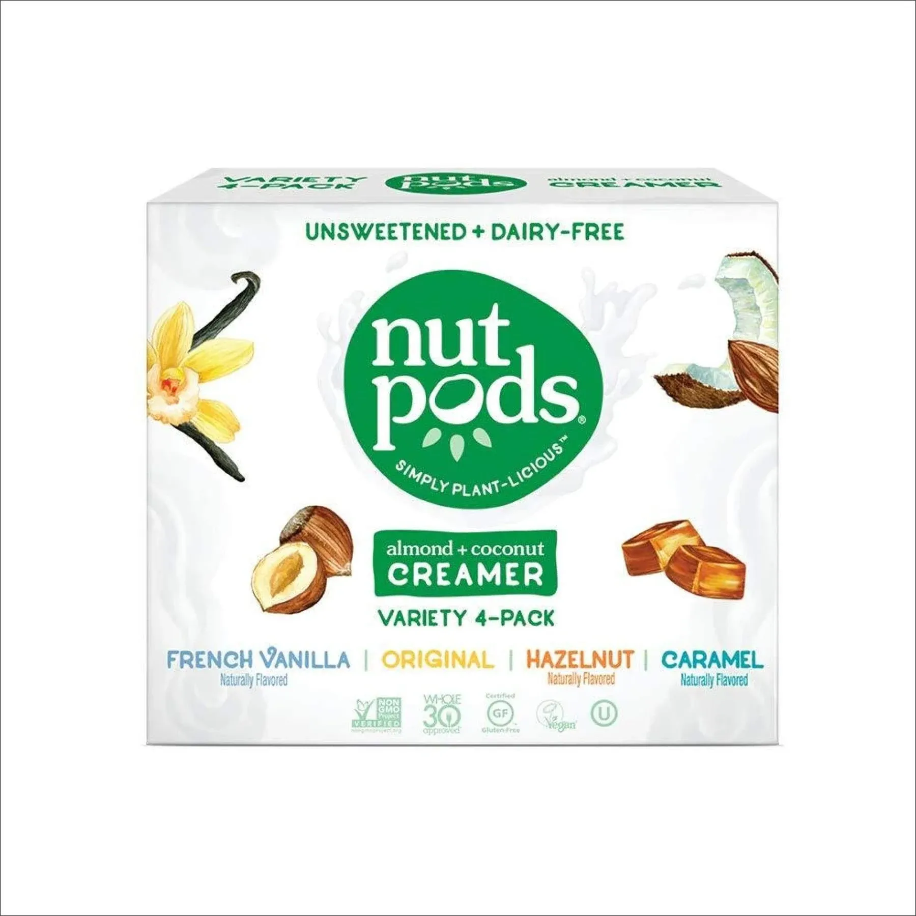 nutpods Variety Pack Coffee Creamer - Unsweetened Non Dairy Creamer - Original, French Vanilla, Hazelnut and Caramel - Keto Creamer, Whole30, Gluten Free, Non-GMO, Vegan, Sugar Free, Kosher (4-Pack)