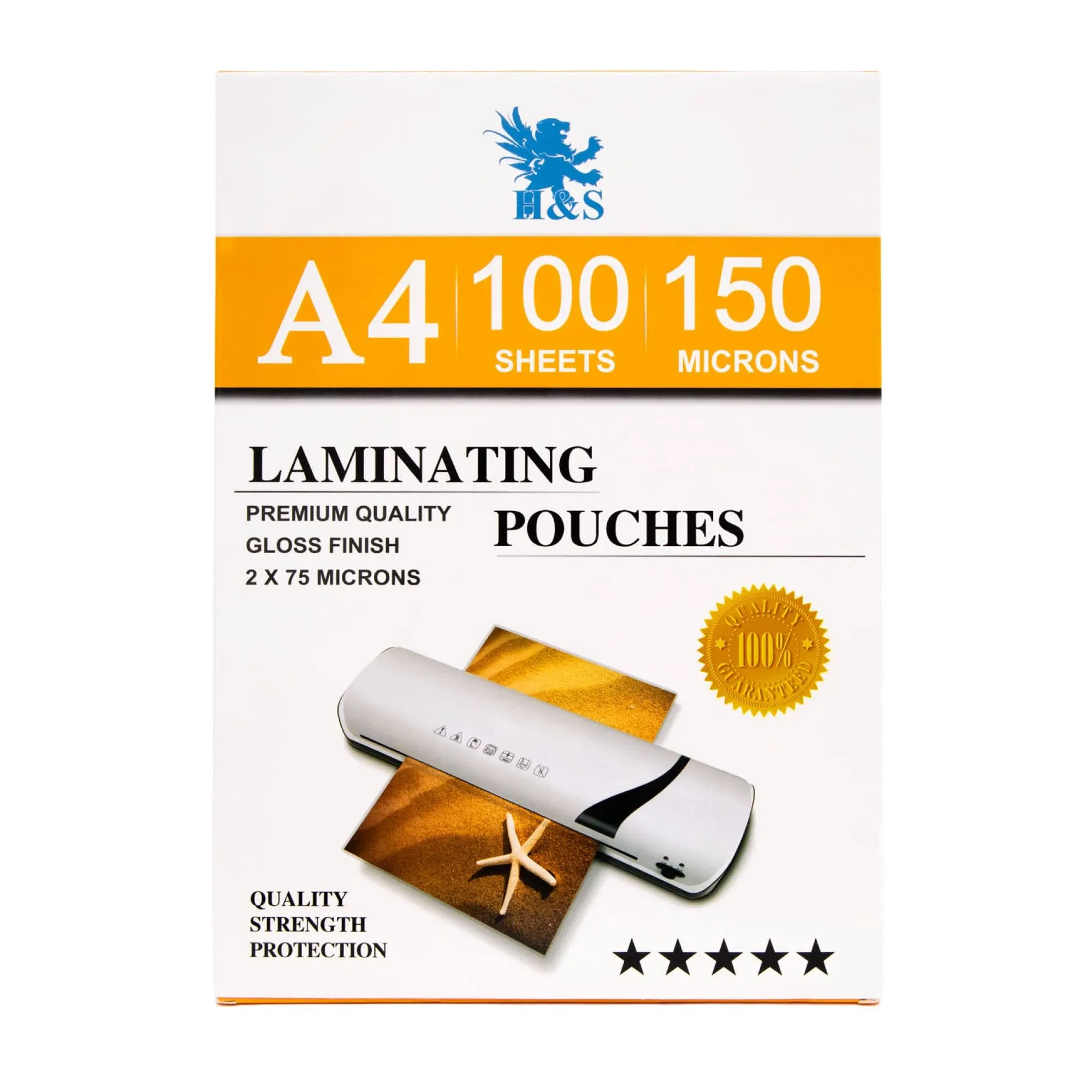 H&S Laminating Sheets - 100 pcs x A4 - Crystal Clear Laminate Pouches - Artist-Quality 150 Micron (2 x 75 Micron) Gloss Laminator