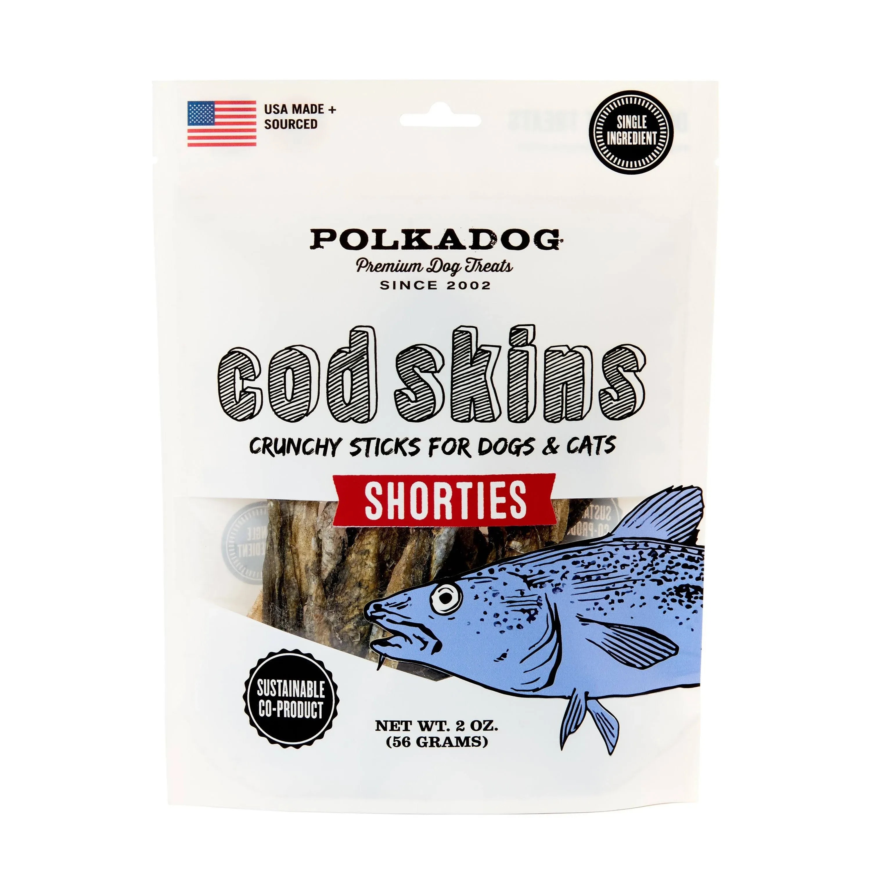 Polkadog Cod Skins Dog Treat - Lean Protein, Made in USA, Single-Ingredient, Grain & Gluten Free, for All Breeds - Crunchy Fish Skin Treat for Teeth Health, 2oz Shortie