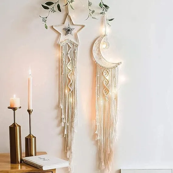 Macrame Moon and Star Hanging Dream Catchers with Lights for Home Bedroom Decor