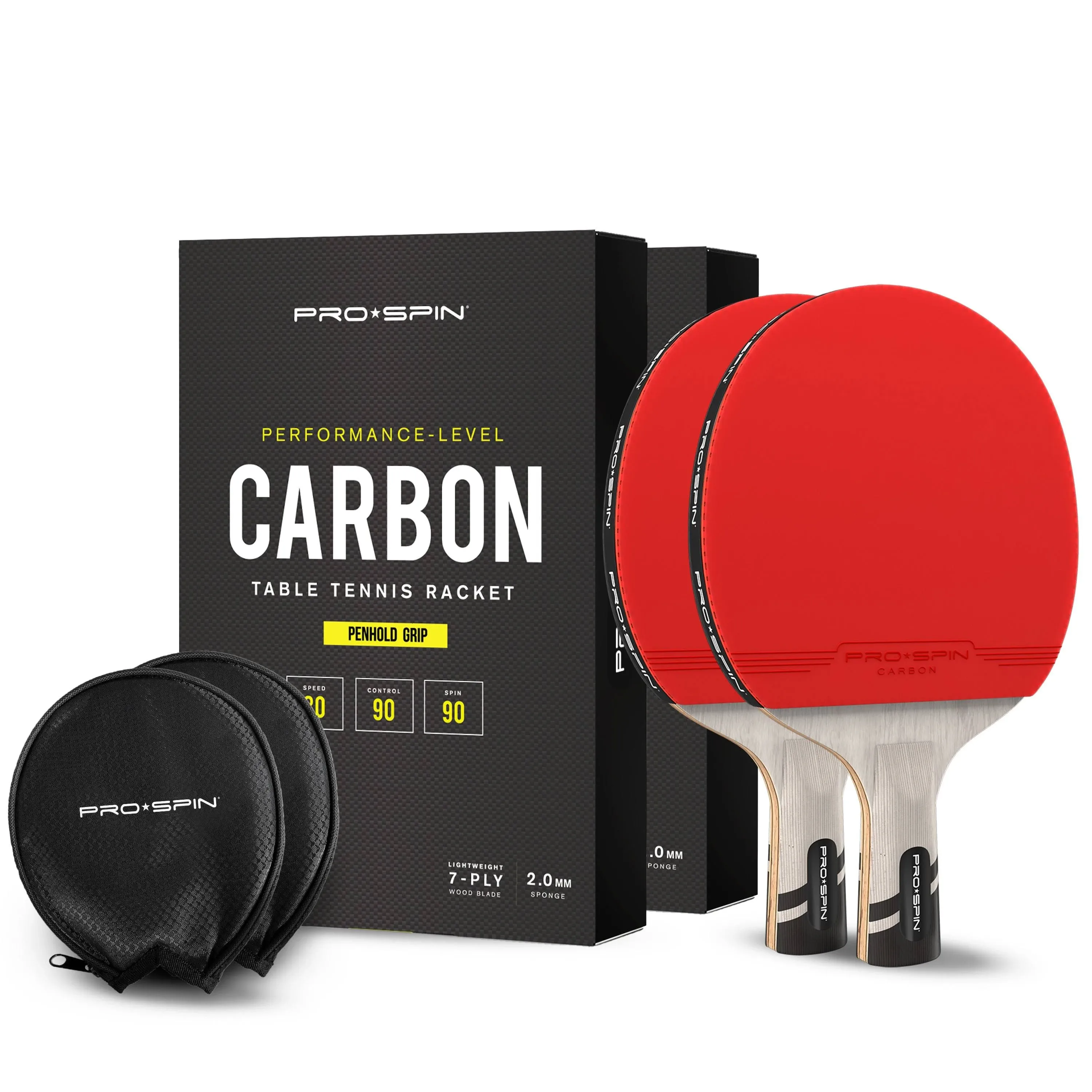 Carbon Ping Pong Paddle, Elite Series Table Tennis Racket with Case, 2-Pack / Penhold