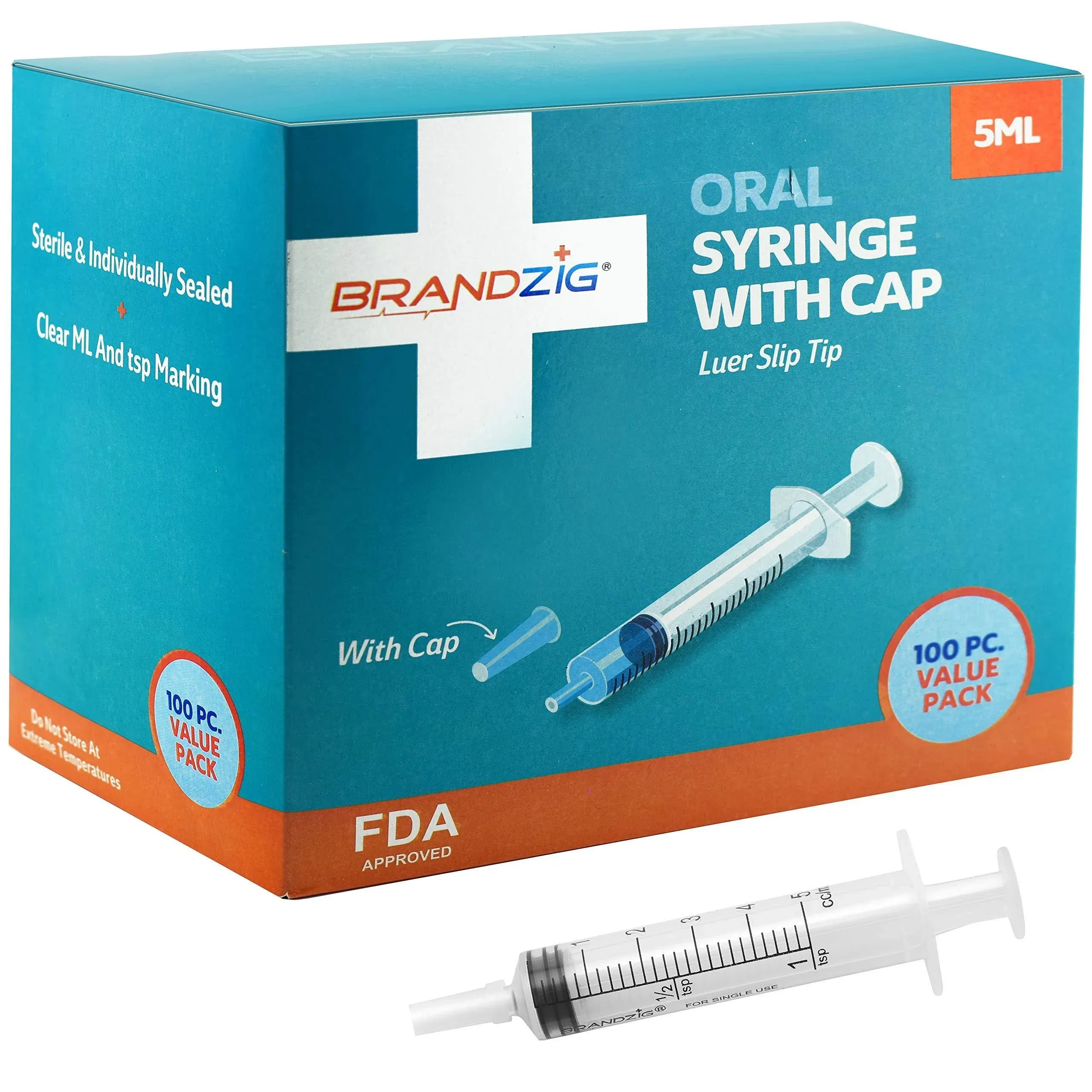 5ml Syringe With Cap (100 Pack) | Oral Dispenser Without Needle, Luer Slip Tip, | Individually Wrapped Medicine Dropper For Infants & Pets