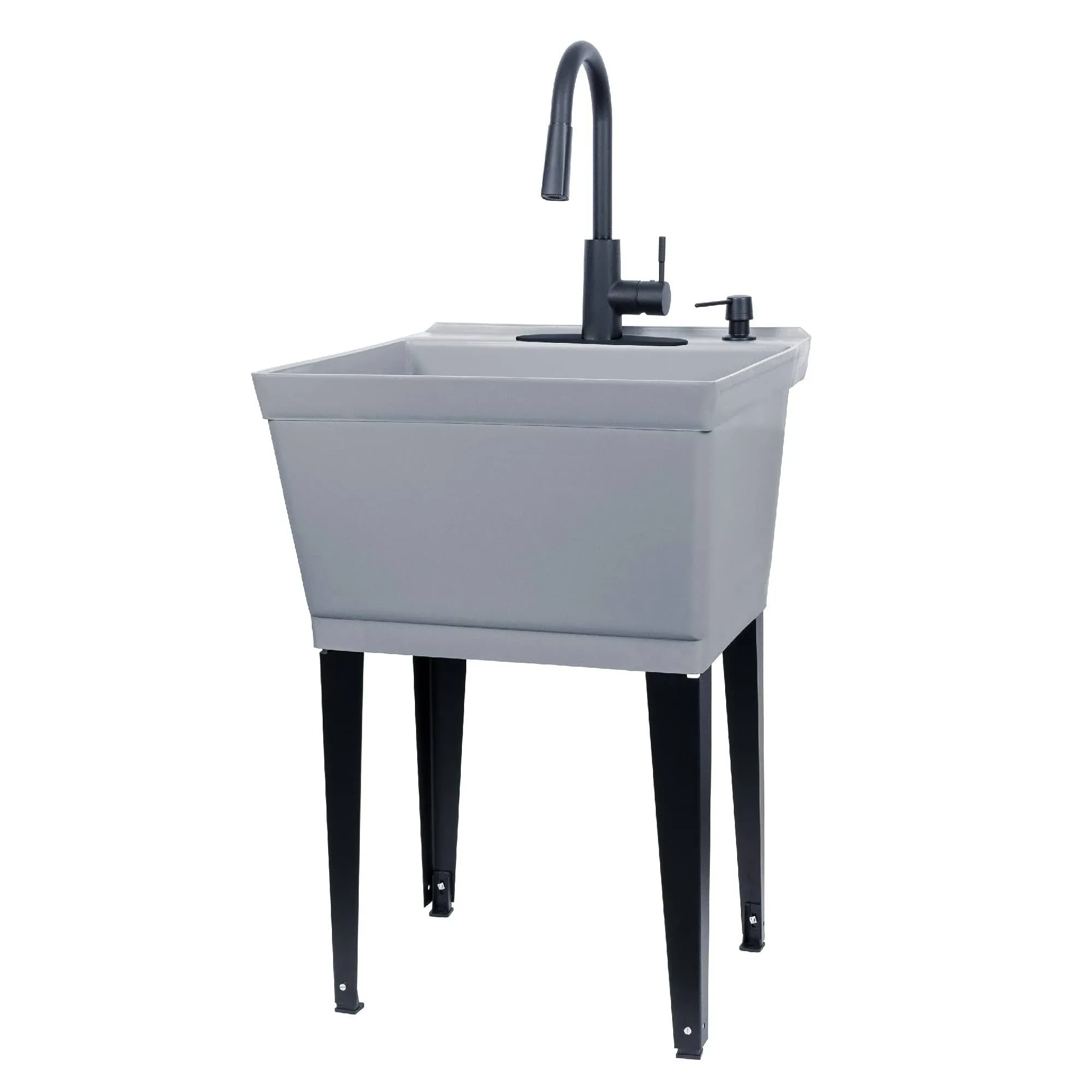 Grey Utility Sink Laundry Tub With High Arc Black Faucet By VETTA - Pull Down Sprayer Spout, Heavy Duty Slop Sinks For Washing Room, Basement, Garage, or Shop, Free Standing Tubs