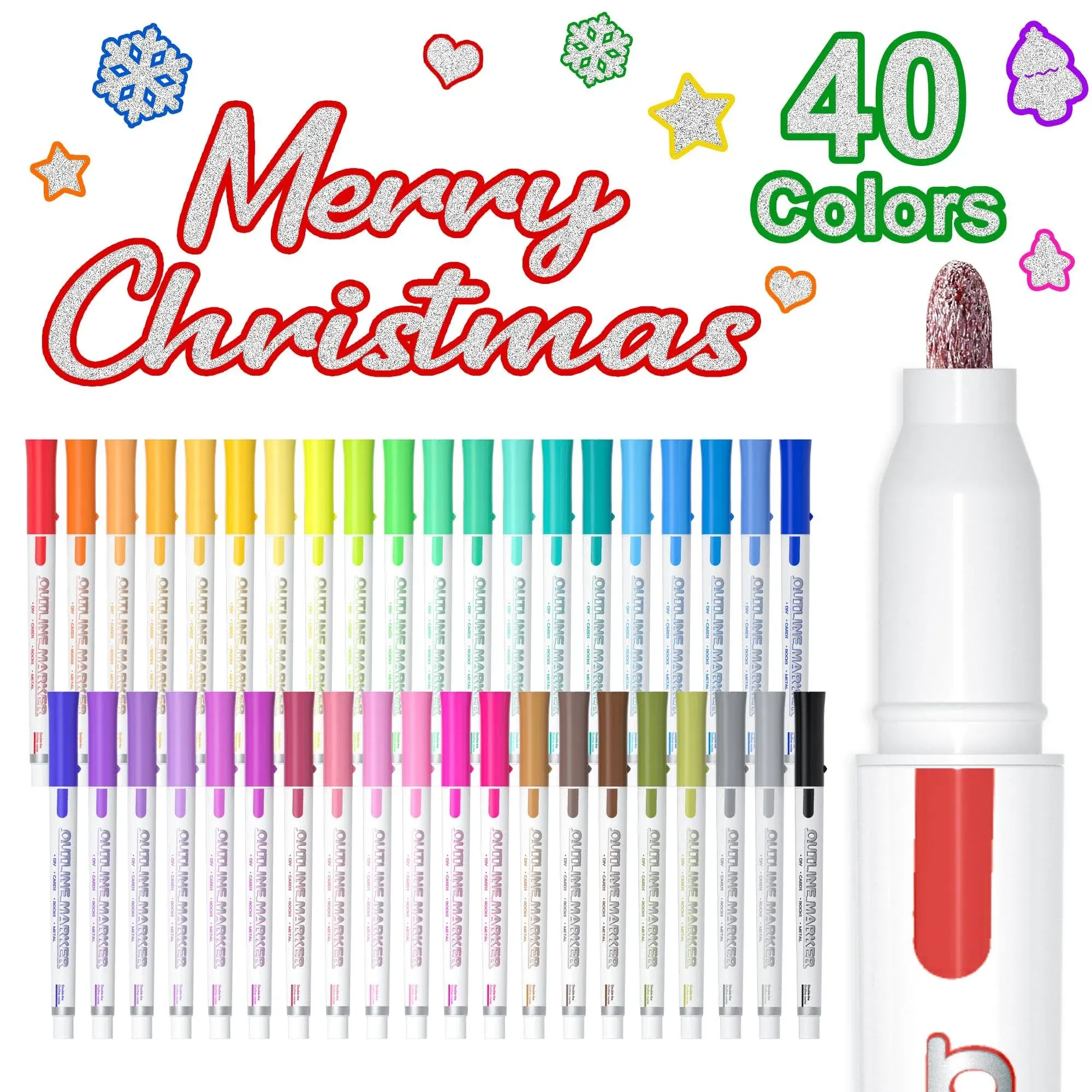 Shuttle Art Double Line Outline Markers, 40 Colors Squiggles Shimmer Markers Set, Self Outline Metallic Marker Pens for Art, Drawing, Doodling, Card