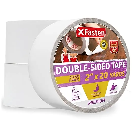 XFasten Removable Double Sided Tape Clear 2 inch x 20 Yards (Pack of 3, 180 Feet Total) Transparent Residue-Free Clear Double Sided Tape Heavy Duty for Crafts, Wall, Fabric, Dress, and Carpet