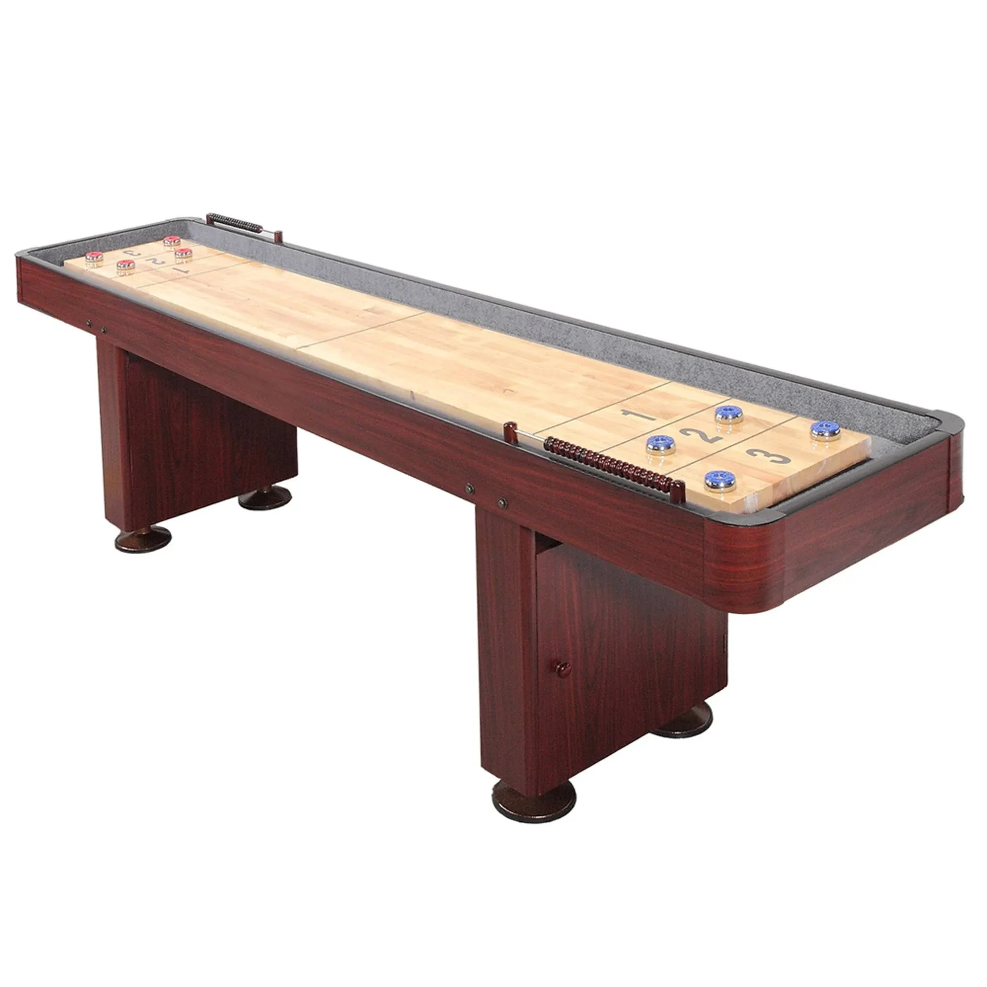 Challenger Shuffleboard Table with Dark Cherry Finish, Hardwood Playfield, Storage Cabinets, Climate Adjusters, Leg Levelers, 8 Pucks, Brush and Wax