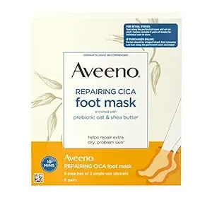 Aveeno Repairing CICA Foot Mask with Prebiotic Oat and Shea Butter, Moisturizing Foot Mask for Extra Dry Skin, 6 Pairs of Single-Use Slippers