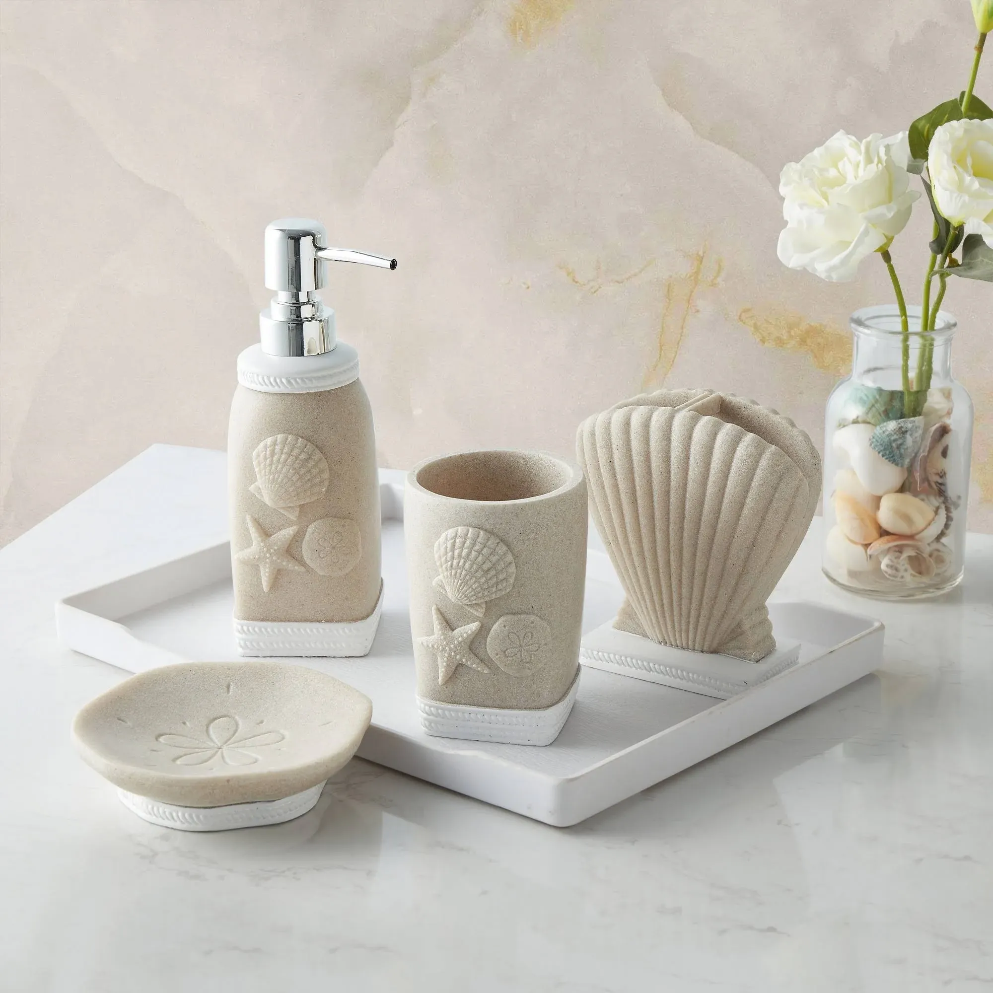 MyGift 4 Piece Countertop Coastal Cape Cod Bathroom Accessories Set with Embossed Seashell Starfish Design Includes Soap Dish, Tumbler, Toothbrush Holder, Vintage Brass Pump DispenserMyGift 4 Piece Countertop Coastal Cape Cod Bathroom…