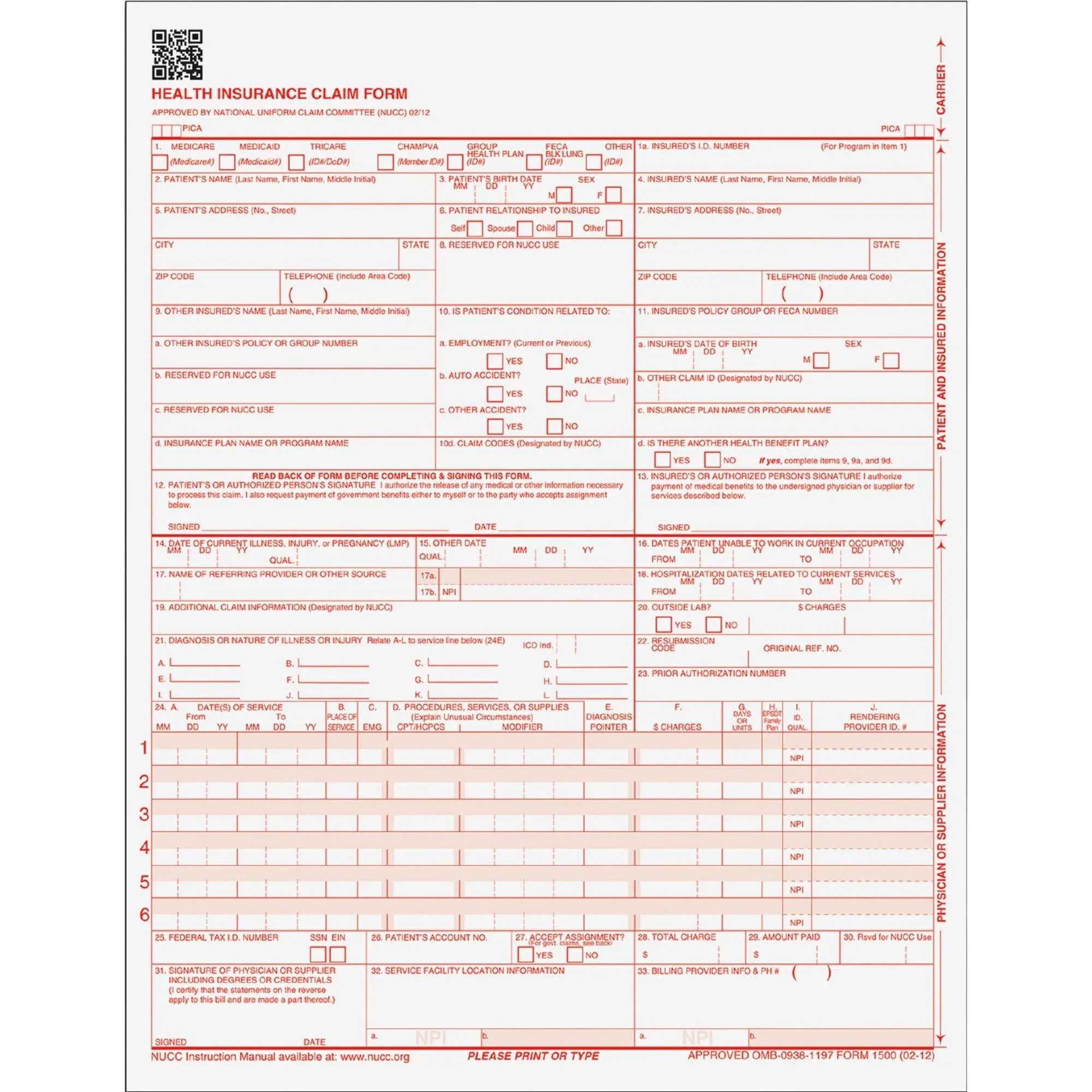 CMS-1500 Medicare/Medicaid Forms for Laser Printers, One-Part (No Copies), 8.5 x 11, 250 Forms Total