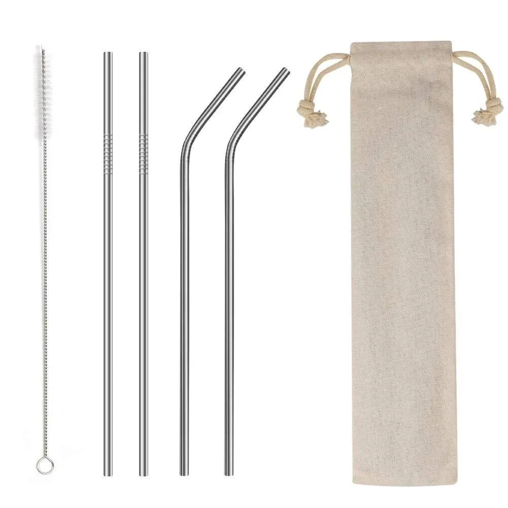 4PCS Reusable Metal Straws,8.5" Stainless Steel Straws with Case -Cleaning Brush for 20/30 Oz for Tumblers (Silver)