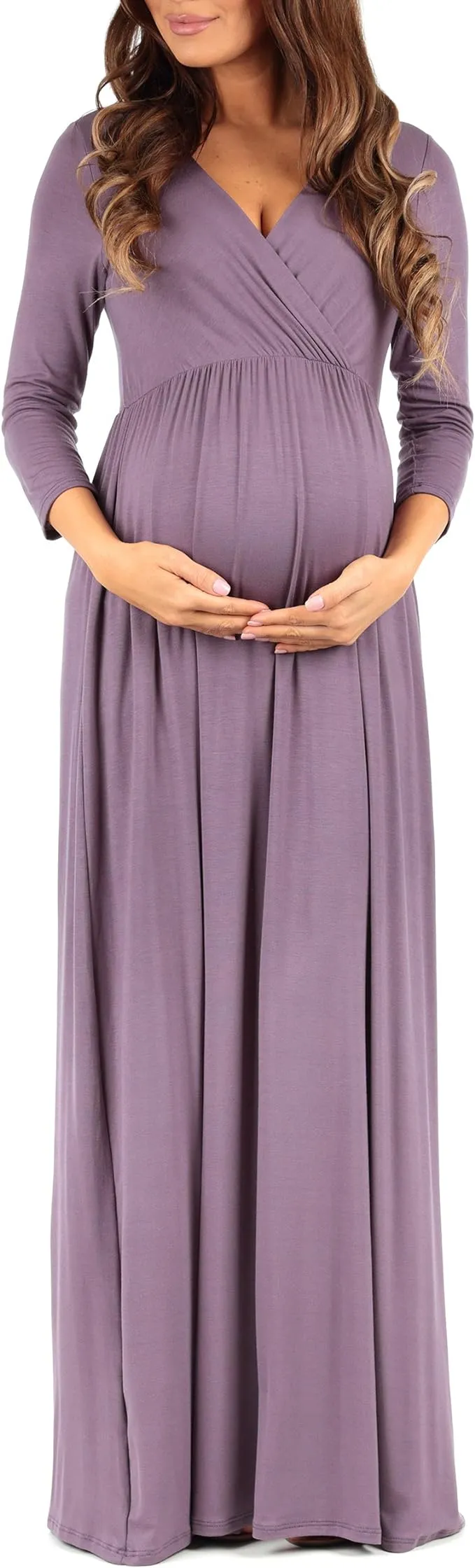 Mother Bee Maternity V-Neck 3/4 Sleeve Ruched Waist Dress