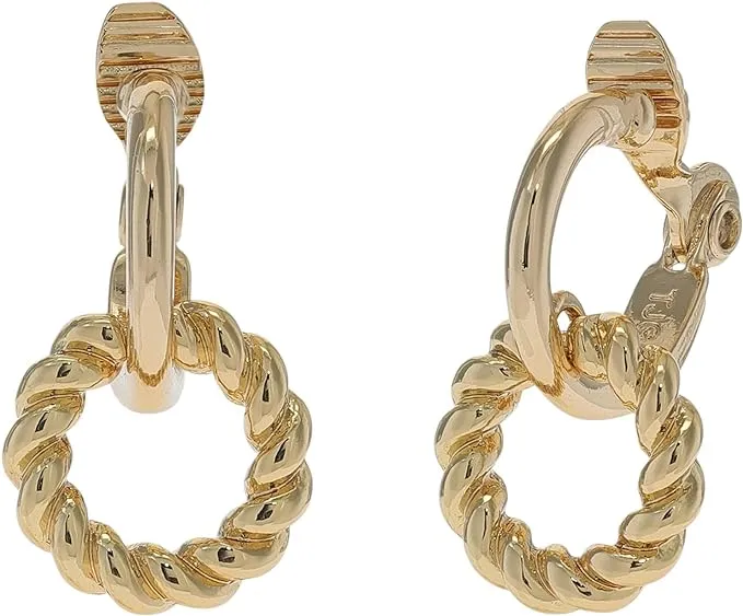 Rope Chain Circle Charm Clip On Hoop Earrings in Gold Tone