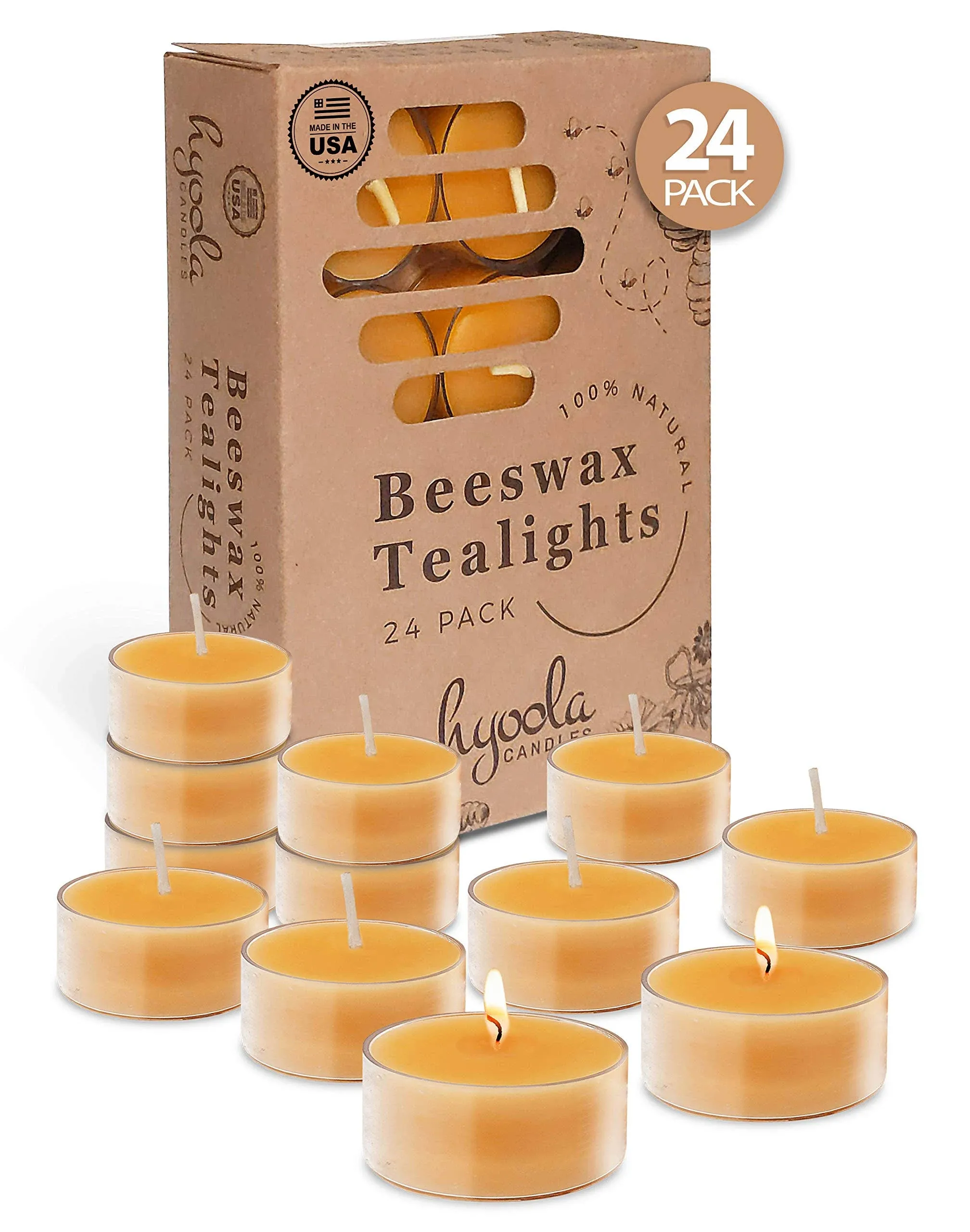 Pure Beeswax Tea Lights - 24 Pack - Handmade Decorative Unscented - Tealight