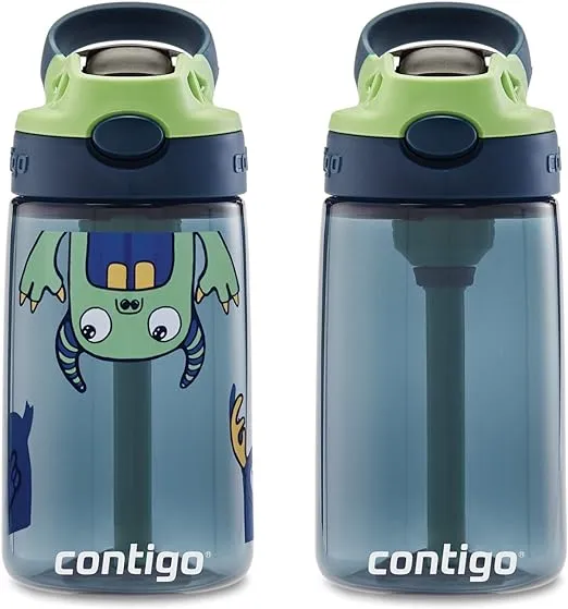 Contigo Aubrey Kids Cleanable Water Bottle with Silicone Straw and Spill-Proof Lid, Blueberry & Monsters, 14 Ounce, 2-Pack