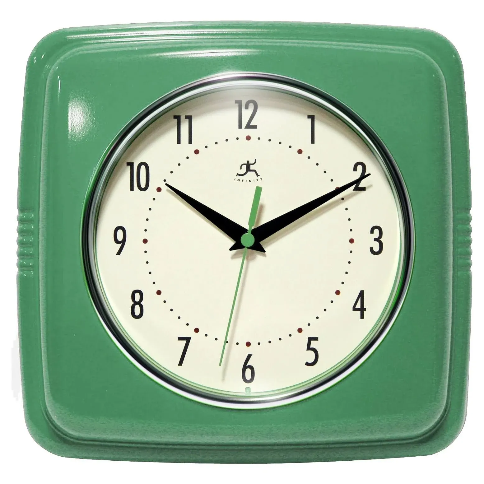 Infinity Instruments Square Silent Retro 9 inch Mid Century Modern Kitchen Diner Retro Wall Clock Quartz Sweep Movement (Green)