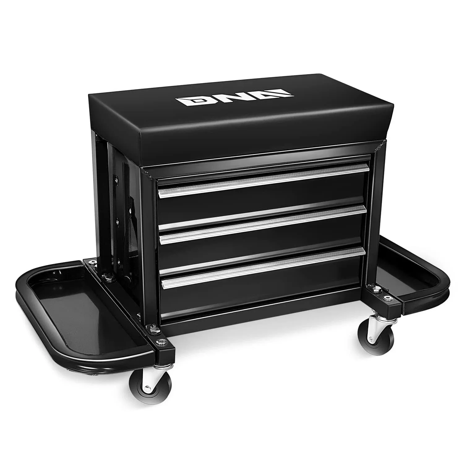 DNA Motoring TOOLS-00262 Black Tool Chest Rolling Mechanic Seat With Tool Trays