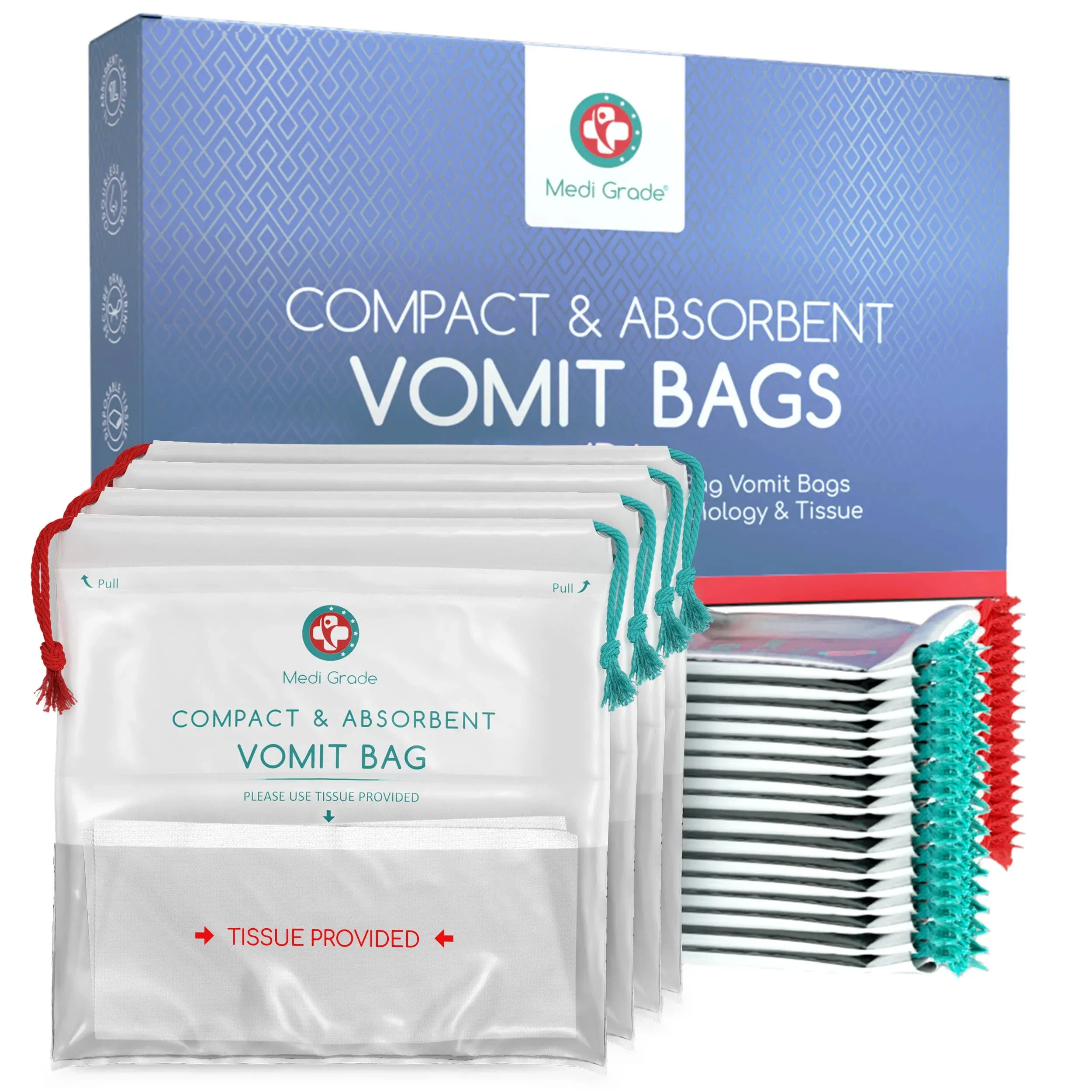 Medi Grade Absorbent Vomit Bags Disposable for Adults and Kids, 22pcs - Travel Essentials Leakproof Barf Bags with Tissues Turn Vomit to Gel and Prevent Odor - Purse Essential Travel Size Sick Bags