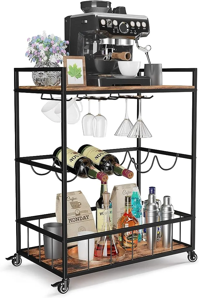 Industree Serving Cart on Wheels, 3-Tier Bar Cart with Wine Rack, Modern Wood and Metal Portable Coffee Cart Table for Home, Romantic Rustic Brown and Elegant Black, Family Party Cart(Max)