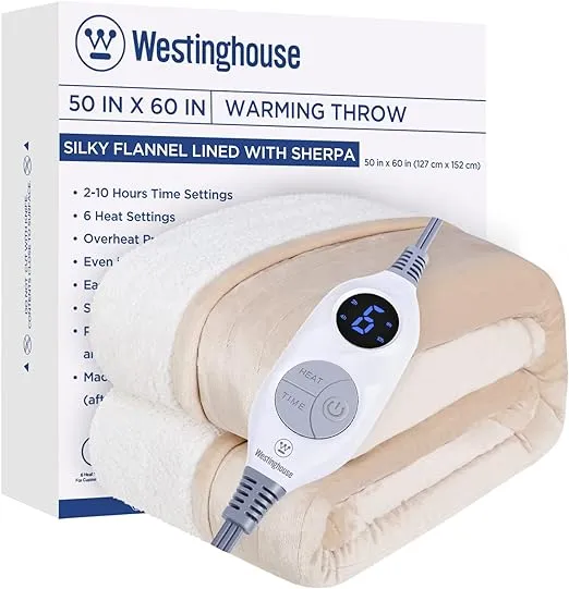 Westinghouse Heated Throw Blanket, Electric Blanket Throw with 6 Heating Levels and 2-10 Hours Time Settings, Flannel to Sherpa Super Cozy Heated Blanket Machine Washable, 50x60 inch, Beige