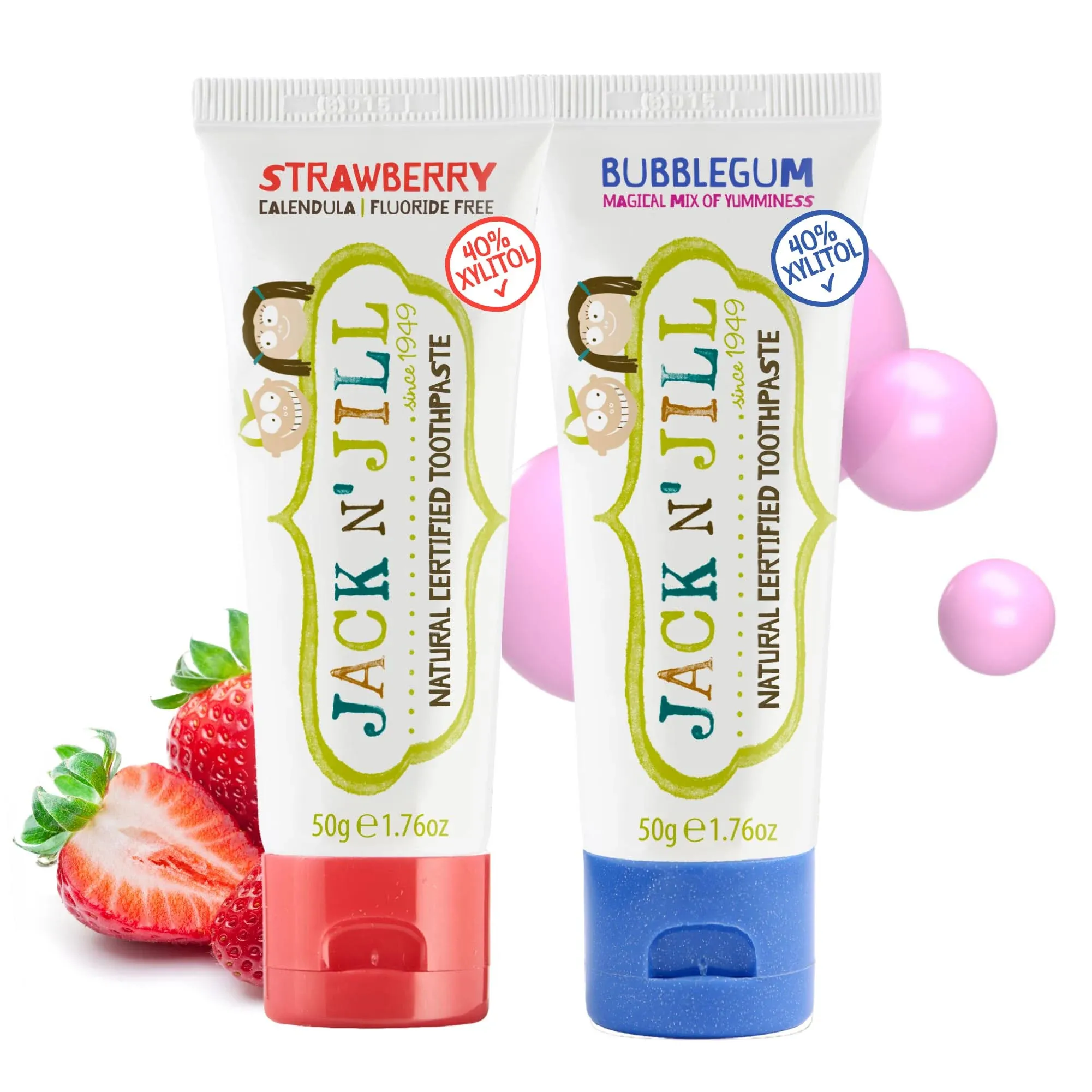 Jack N' Jill Natural Certified Toothpaste - Safe if Swallowed, Contains 40% Xylitol, Fluoride Free, Organic Fruit Flavor, Makes Tooth Brushing Fun for Kids - Strawberry & Bubblegum, 1.76 oz (2 Pack)