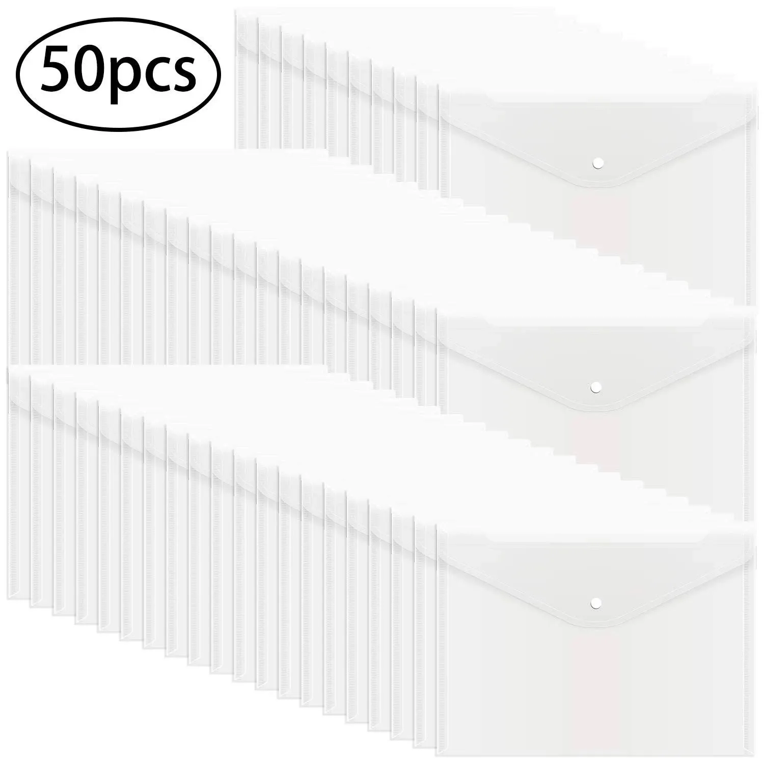 EOOUT 50pcs Plastic Envelopes with Button Snap Closure, Clear Plastic Envelope, Plastic Folders for Documents, Waterproof, Letter size, A4 size, for