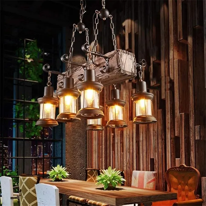 Farmhouse Lighting Industrial Rustic Wood Beam Linear Island Pendant Light Ch...