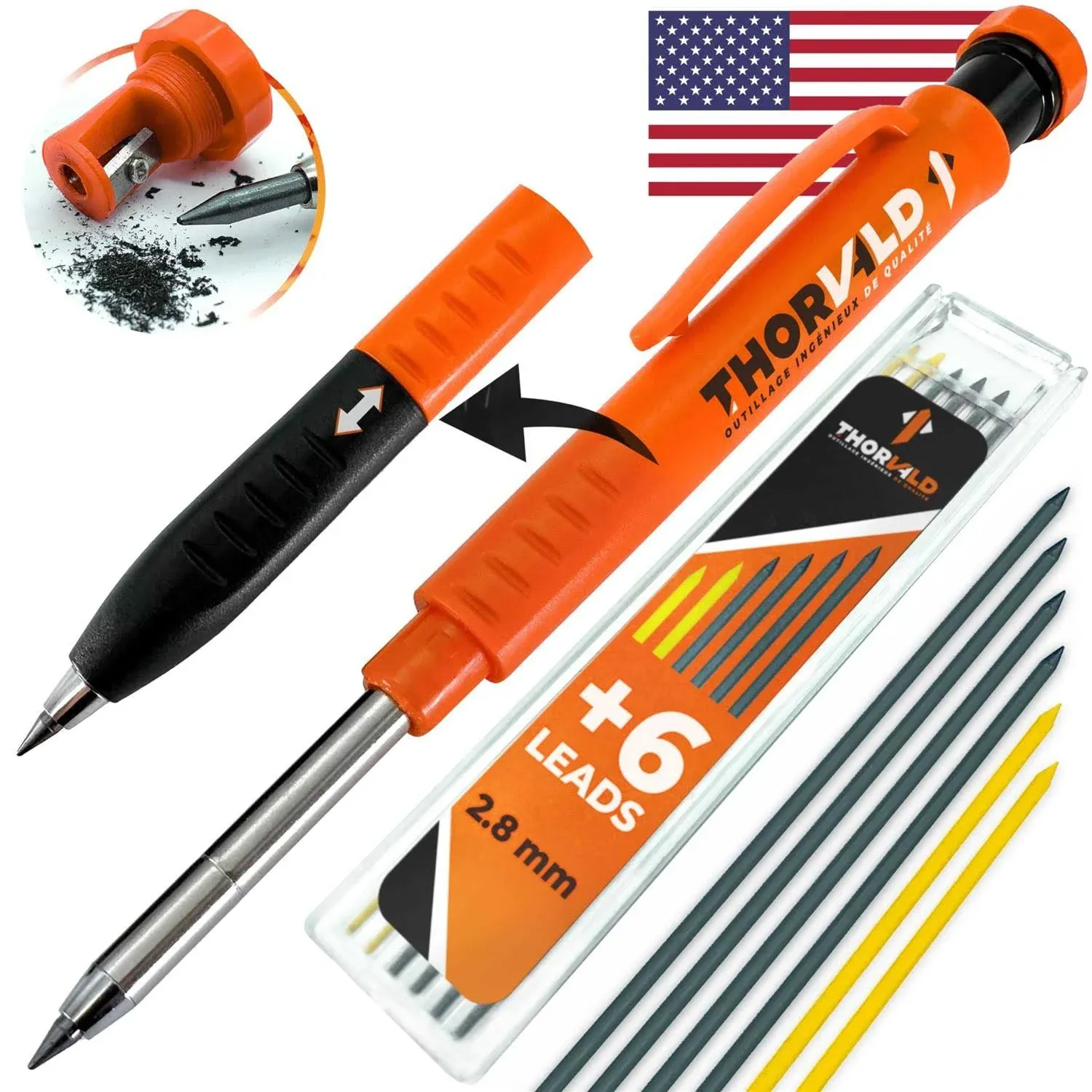 THORVALD 2 Carpenter Pencils Set for Construction - Incl. 38 Leads + Sharpener + Finger Grip - Solid Mechanical Pencils with Fine Point/Best Marking tools Construction/Carpenters/Scriber