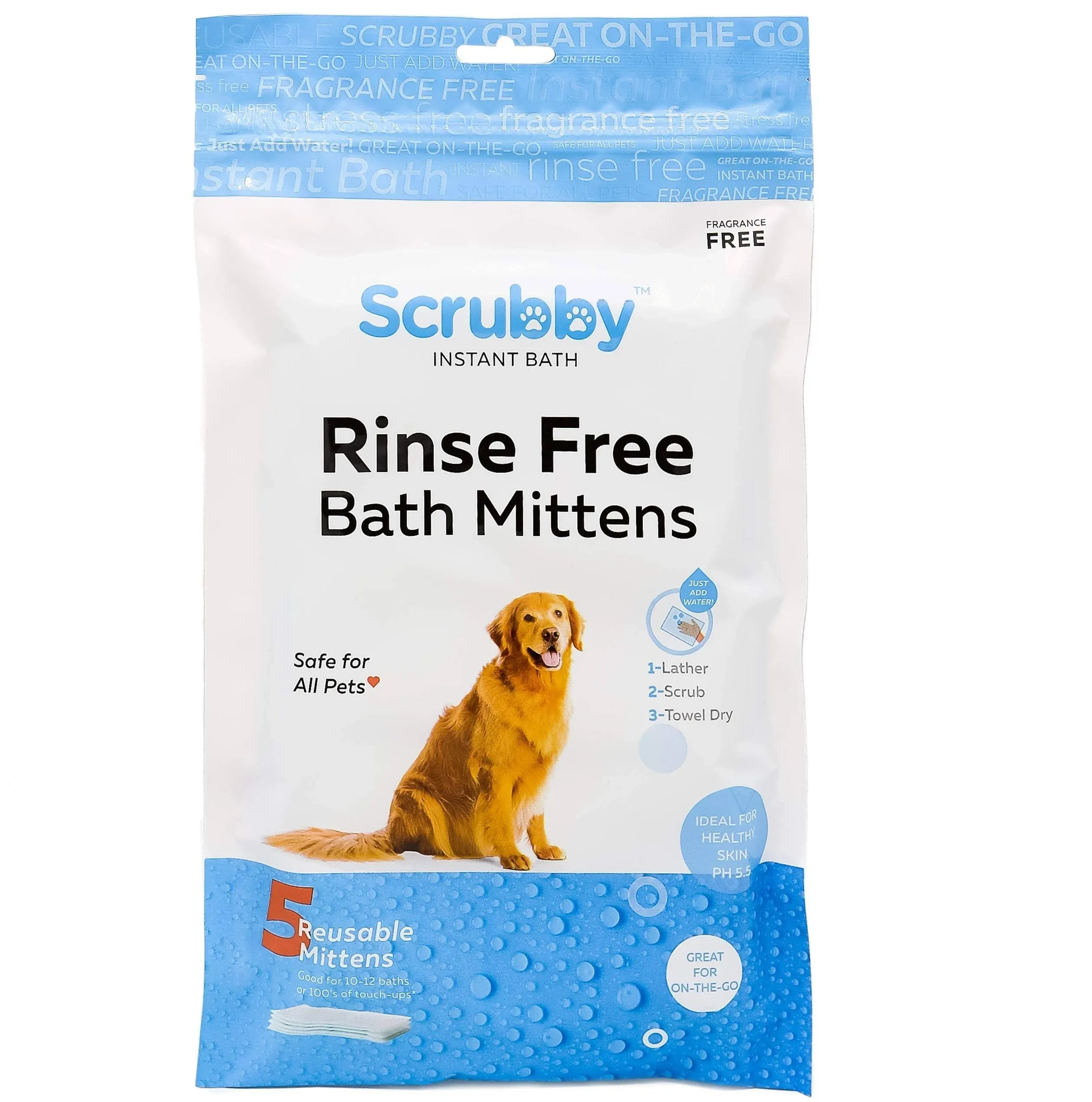 Scrubby Pet No Rinse Pet Wipes, Rinse Free Shampoo Mittens for Dogs and Cats, Bath Wipes for Bathing and Washing Pets, Hypoallergenic No Rinse Wash Mitt for Grooming, Lather Wipe Dry - 10 Pack