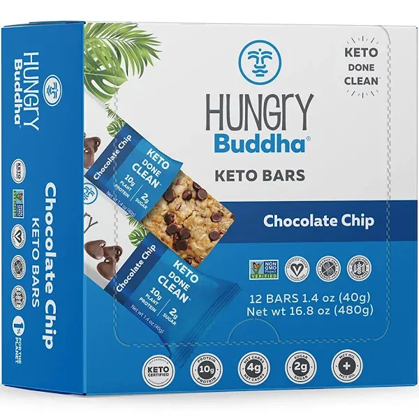 HUNGRY BUDDHA Bars - Plant Based Protein Bars - Vegan Nutrition Bars - Low Sugar Healthy Snacks - Gluten Free Snack Bars - Peanut Free - Protein Bar - Keto Bar - 12 Count [Chocolate Chip].