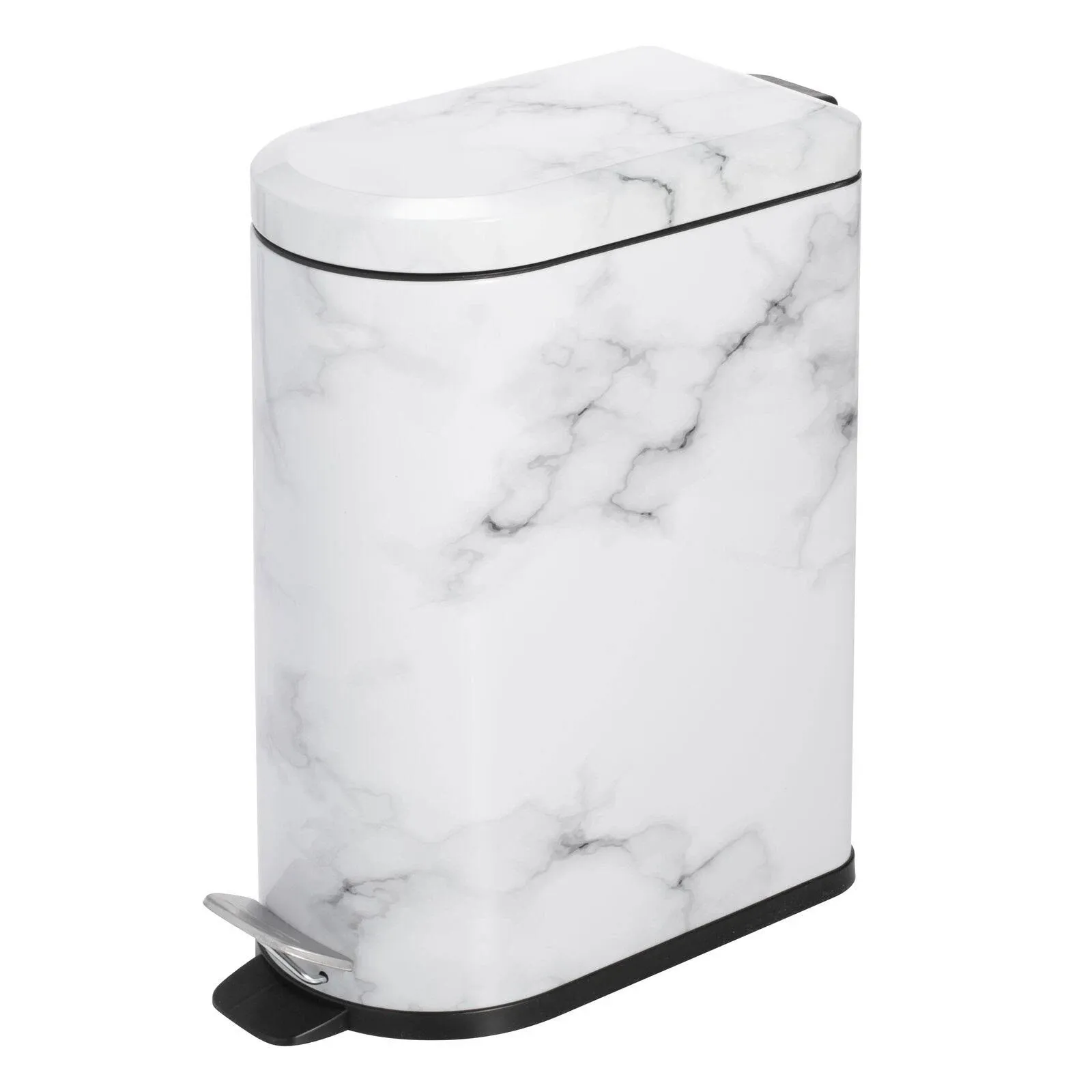 mDesign Small 2.6 Gallon/10 Liter Stainless Steel Metal Step Trash Can Garbage Bin for Bathroom, Bedroom, Office, D-Shape Trashcan with Foot Pedal/Lid, Removable Liner Bucket with Handles, Soft Brass