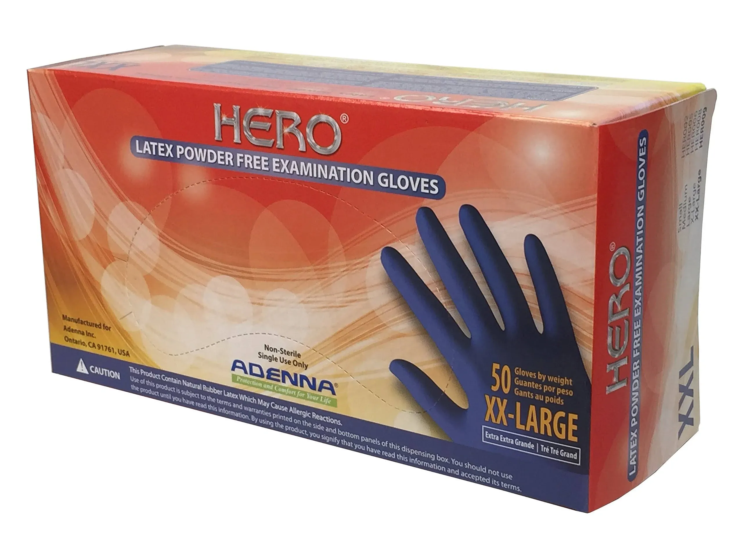 Adenna Hero 14 Mil Latex Powder Free Exam Gloves, Blue, XXL (HER009)