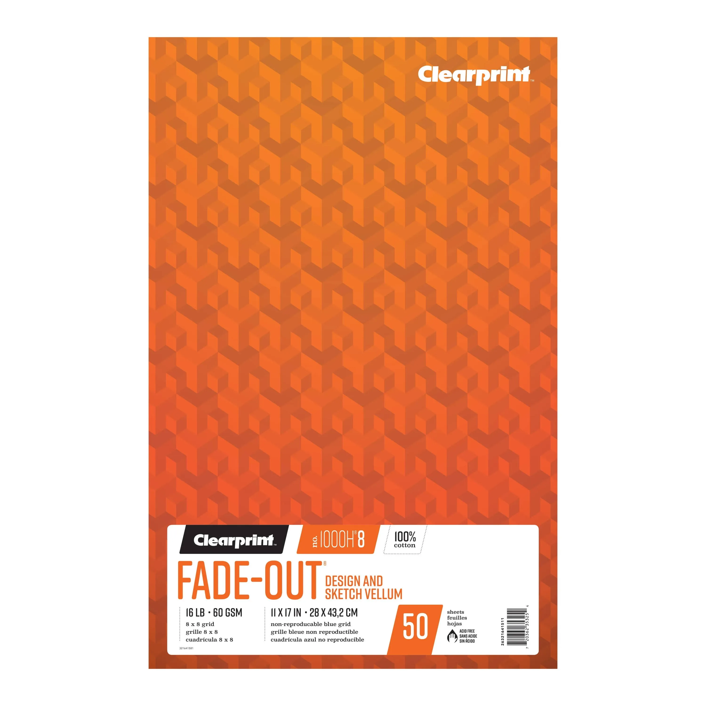 Clearprint 1000H Fade-Out Vellum 11" x 17" Pad, 8 x 8 Grid, 50 Sheets