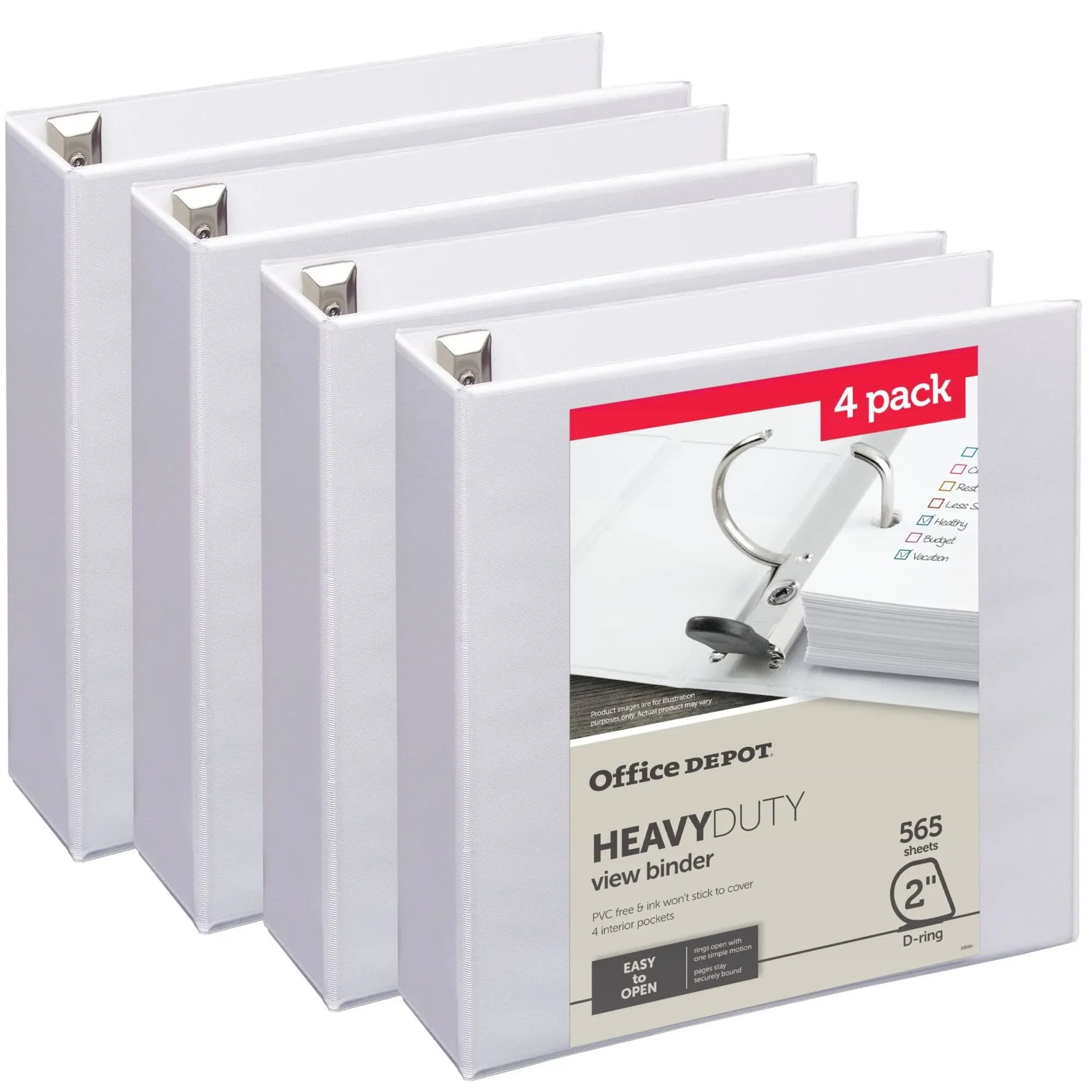 Office Depot&reg; Heavy-Duty View 3-Ring Binder, 2&quot; D-Rings, White, 49% Recycled, Pack Of 4