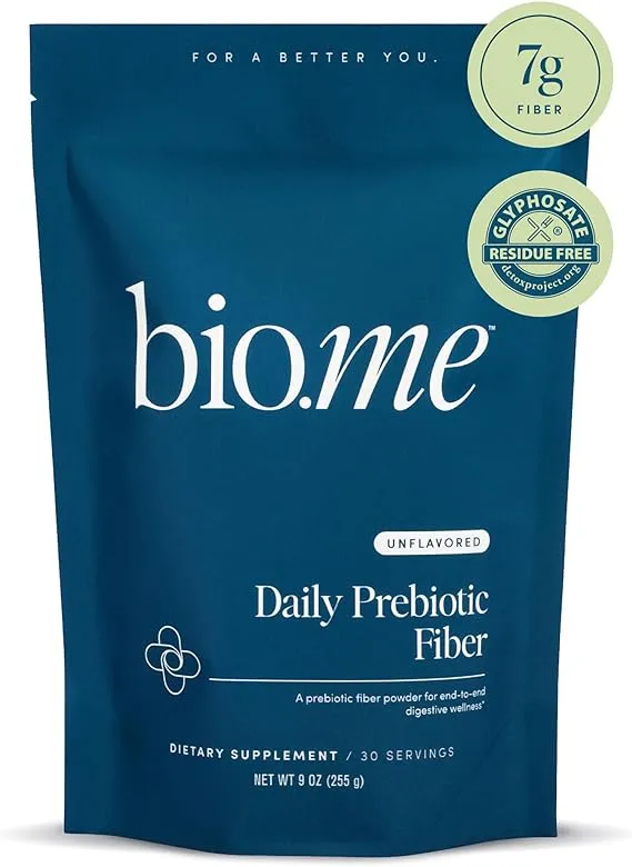 Bio.me Fibra prebiótica diaria – Suplemento de fibra para la salud digestiva y la salud intestinal – Prebióticos sin sabor, sin OMG, sin gluten y azúcar – 30 porciones