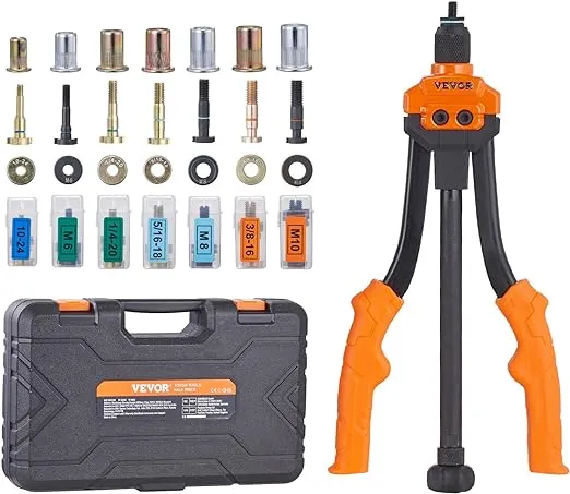 VEVOR Rivet Nut Tool, 14” Rivnut Tool Kit with 7 PCS Metric and SAE Mandrels, 70 PCS Assorted Rivet Nuts, 10-24, 1/4-20, M6, 5/16-18, M8, 3/8-16, M10, Rivet Nut Kit with Rugged Carrying Case