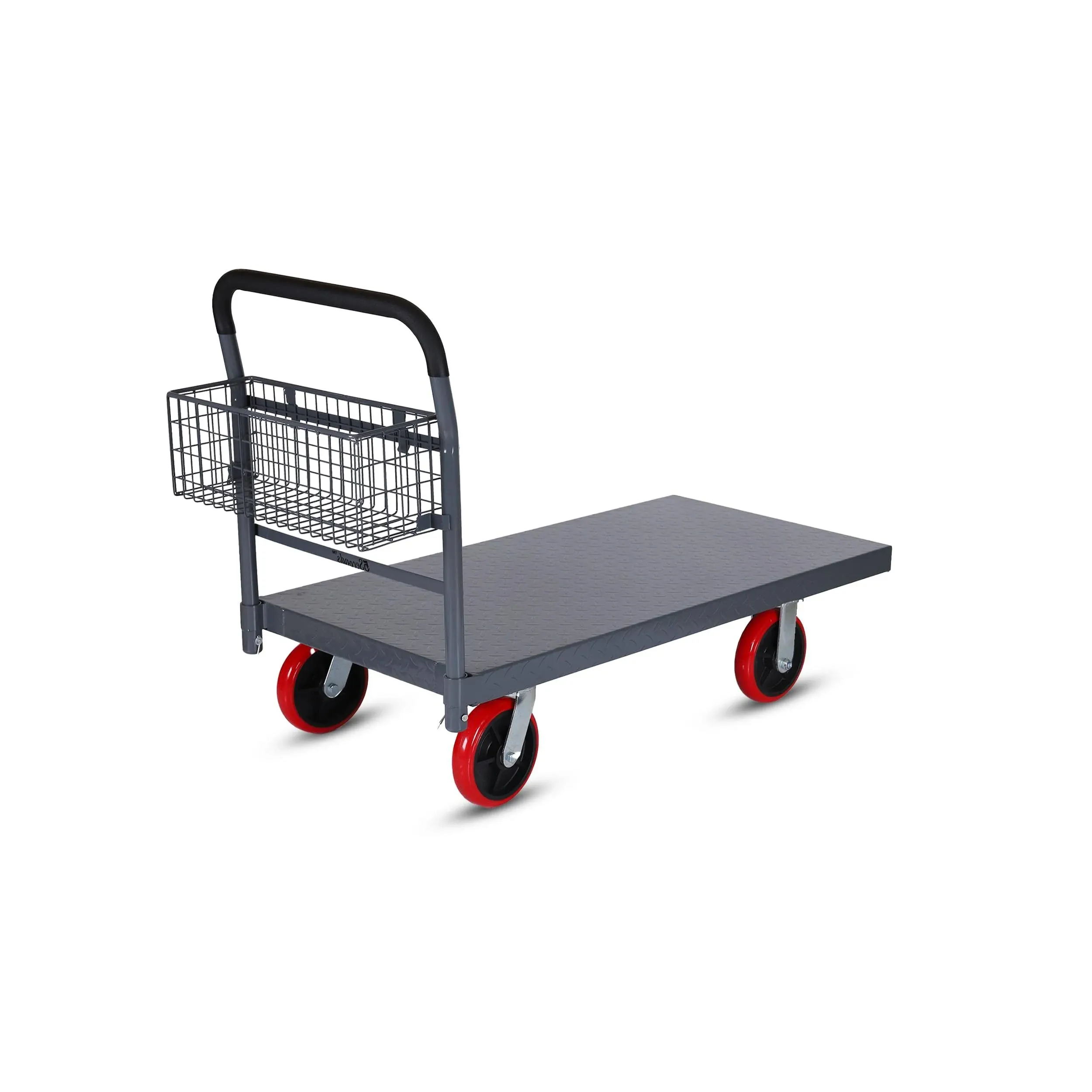 industrial Platform Truck 48”x24” Diamond Textured 8&#039;&#039; Swivel Wheel With Basket