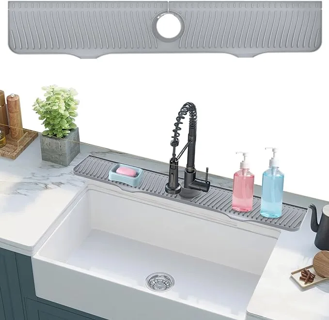 highydroLED 32 inch Sink Splash Guard, 32”x 5.5” Faucet Mat, Silicone Faucet Drainer Pad, Water Drip Catcher Mat for Kitchen, Bathroom, Laundry Room, Farmhouse, Bar RV Grey