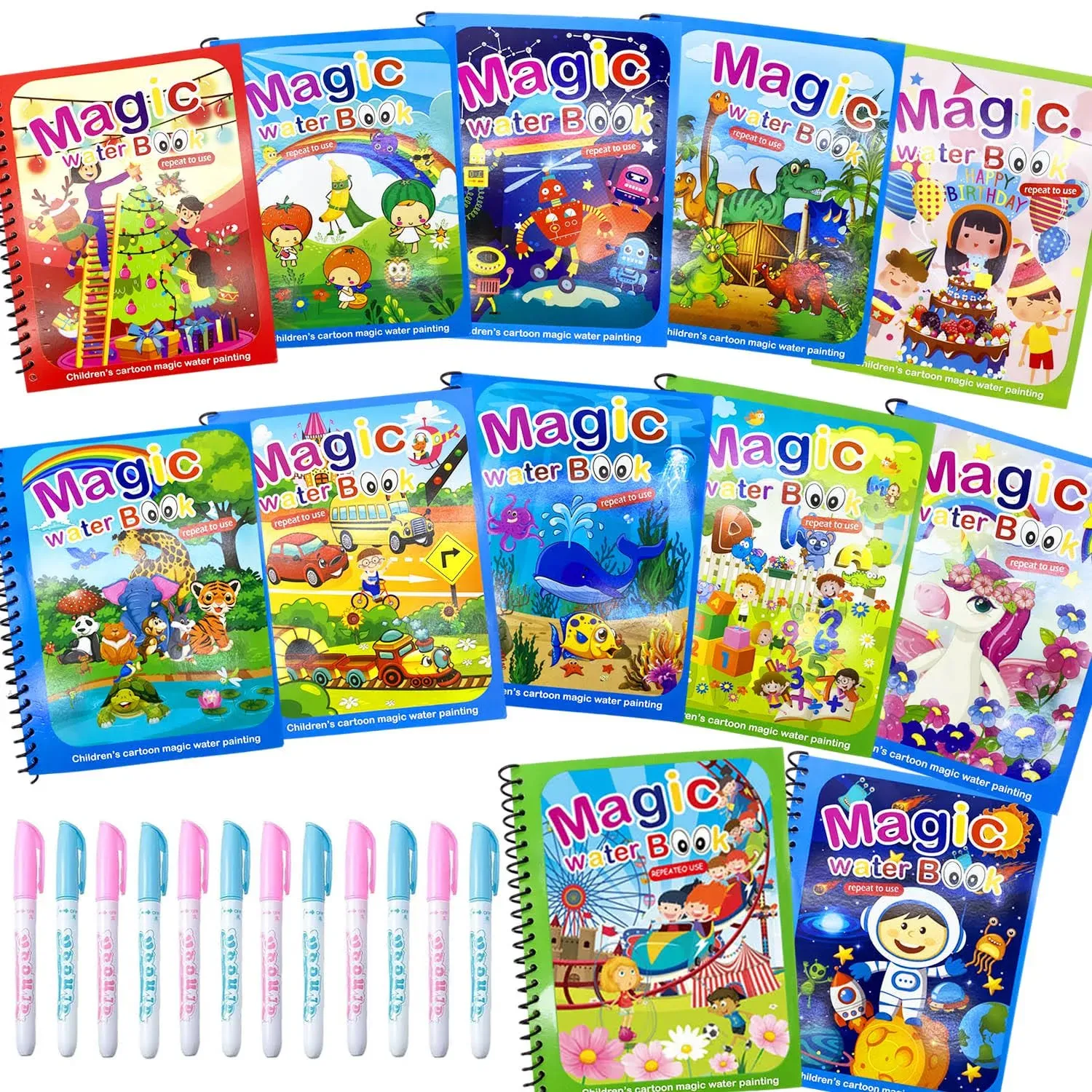 Dduolammng 12 Pack Water Coloring Books,Water Doodle Book Toys,Reusable Water Painting Book for Toddlers,Educational Learning Kits Gifts