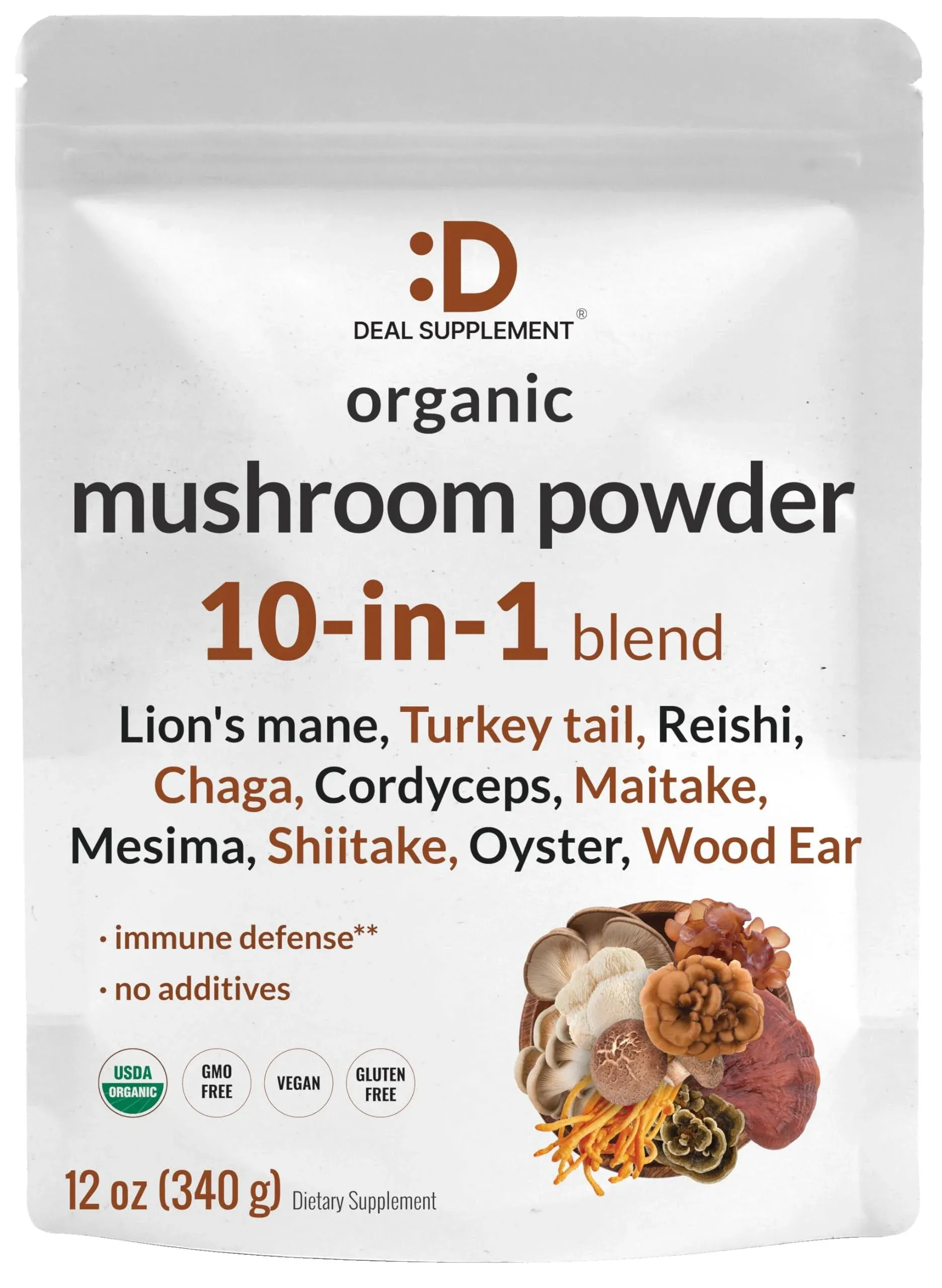 DEAL SUPPlement Organic Mushroom Powder Supplement 12oz 10 in 1 Active Blend